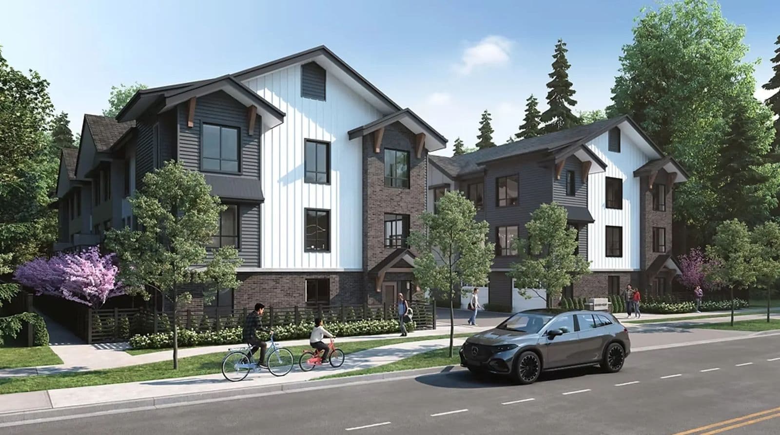 Hunter + West – Street-level rendering of modern craftsman-style townhomes with dark siding, white gable accents, and brick, with cyclists, pedestrians, and a parked SUV on the street.