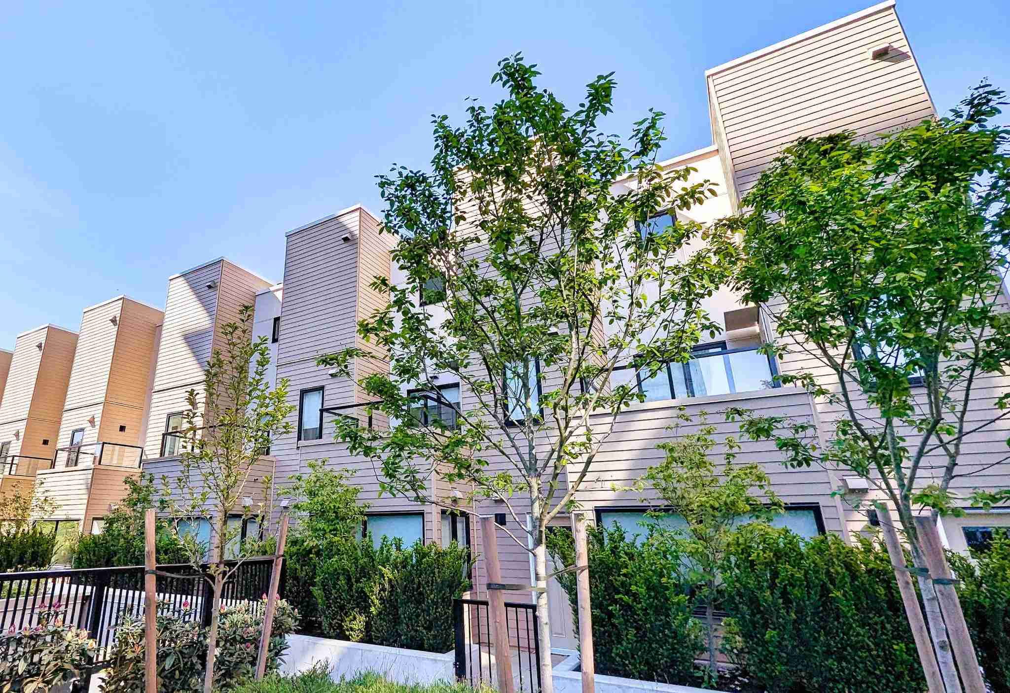 Luxio on the Park – A ground-level, low-angle shot of a row of modern three-story townhomes with beige horizontal siding and glass-railed balconies. Lush green young trees and hedges line the front walkway under a bright, clear blue sky.