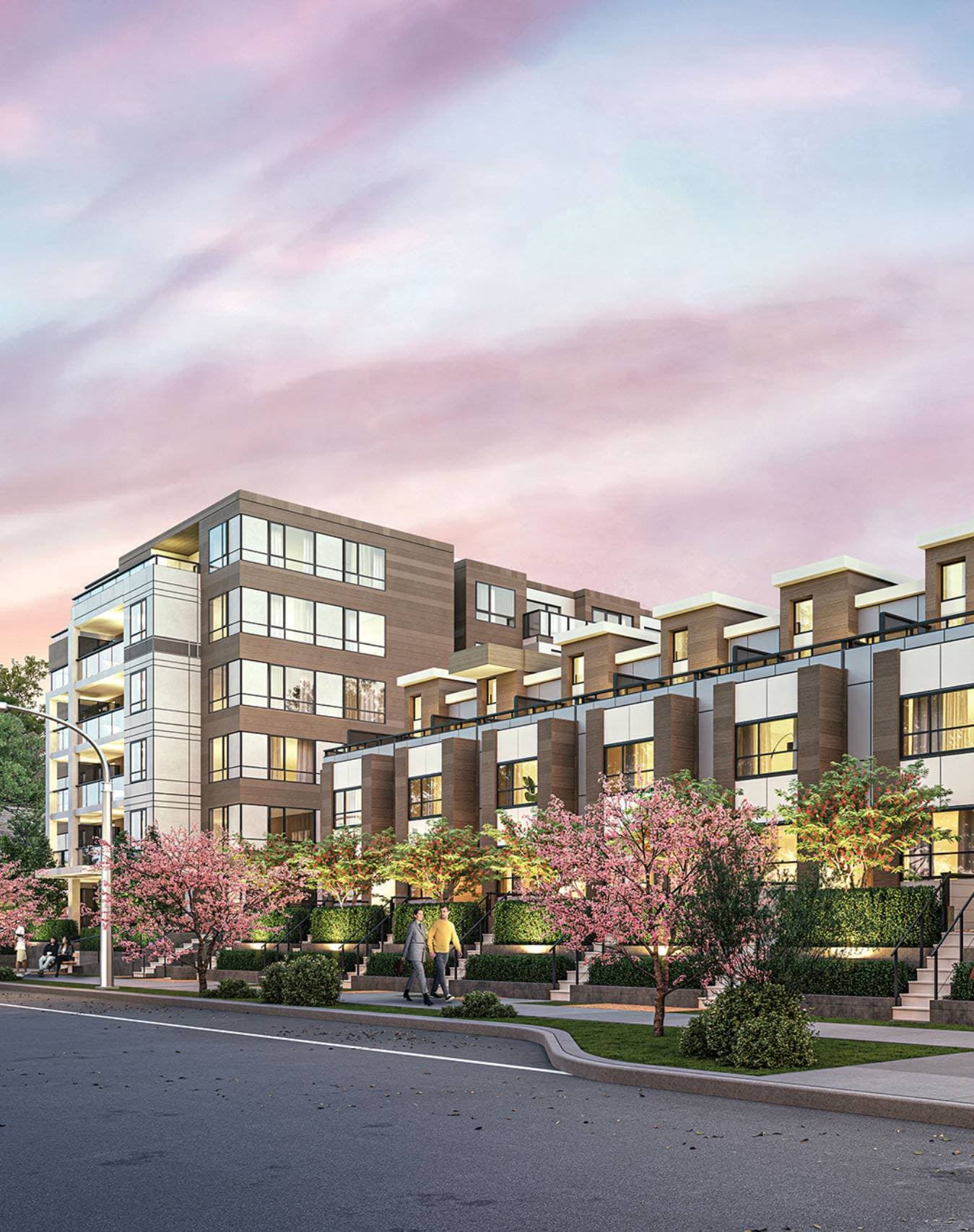 Luxio on the Park – A modern low-rise residential development featuring wood-look paneling, dark metal accents, and glass balconies under a soft pink dusk sky. The street level is landscaped with manicured hedges and blooming pink cherry blossom trees along the sidewalk.