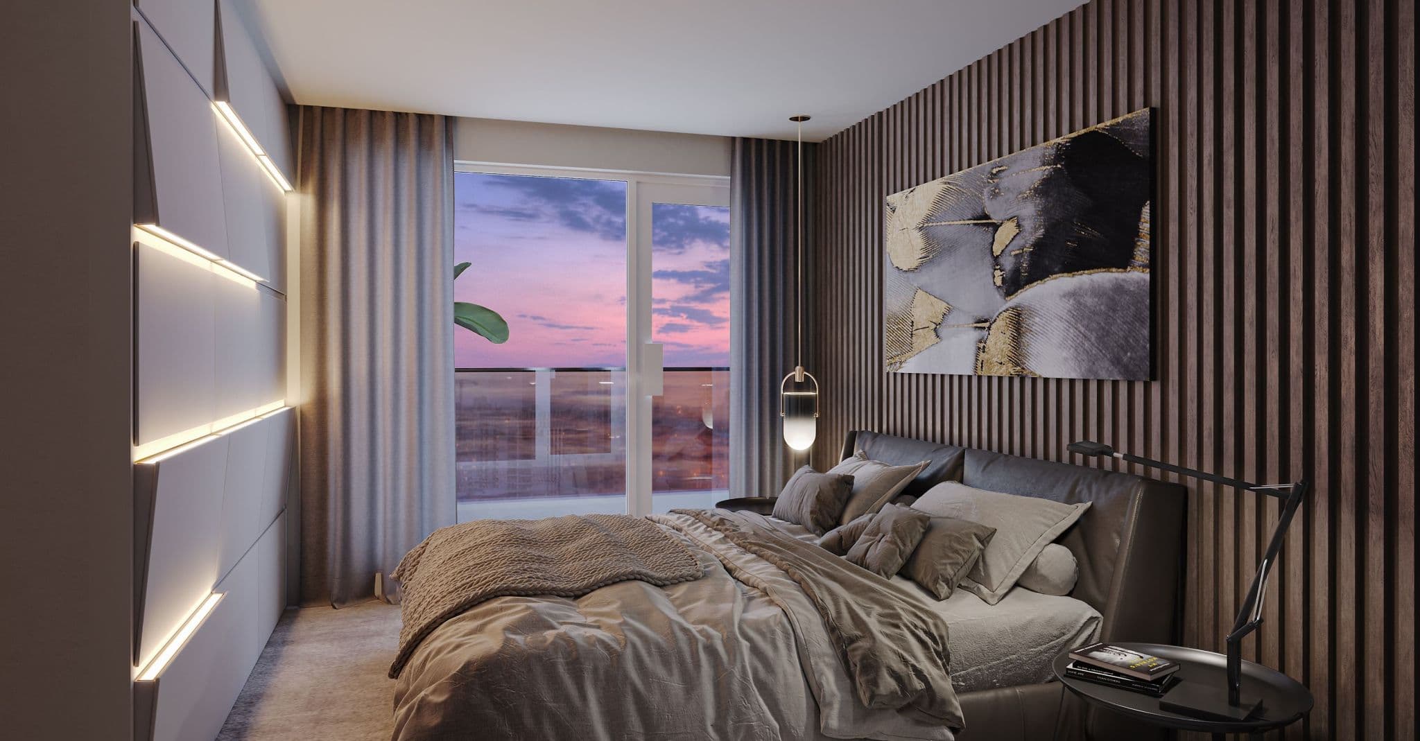 Luxio on the Park – A modern bedroom features a neatly made bed with grey linens, flanked by an accent wall of vertical wood slats and an illuminated geometric panel wall. A sliding glass door framed by sheer curtains leads to a balcony overlooking a dusk sky with vibrant pink and purple clouds.