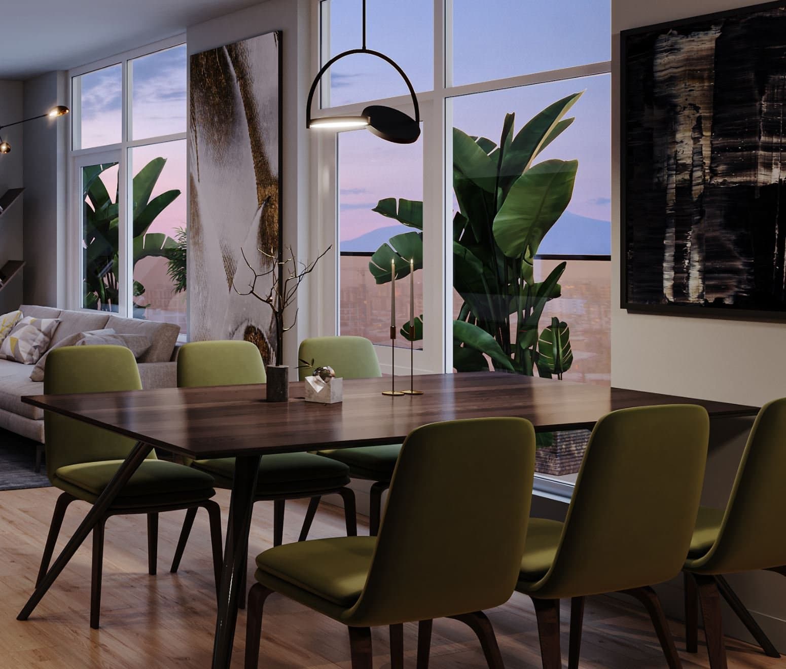 Luxio on the Park – A modern residential dining area features a dark wood table paired with olive green upholstered chairs and a minimalist pendant light overhead. Large floor-to-ceiling windows look out onto a balcony with lush potted tropical plants set against a soft dusk sky and city horizon.