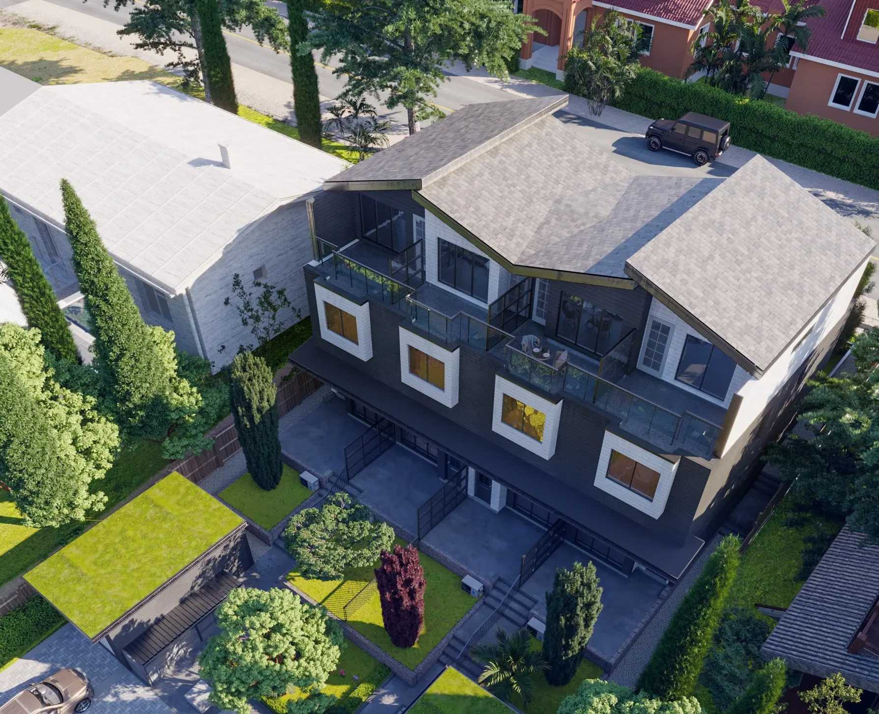 Aspen – Aerial view looking down on a three-story modern townhouse building with dark cedar-look siding, angled gable rooflines, and glass-railed balconies, tucked between mature evergreen trees on a quiet residential street with a black SUV parked in the driveway.