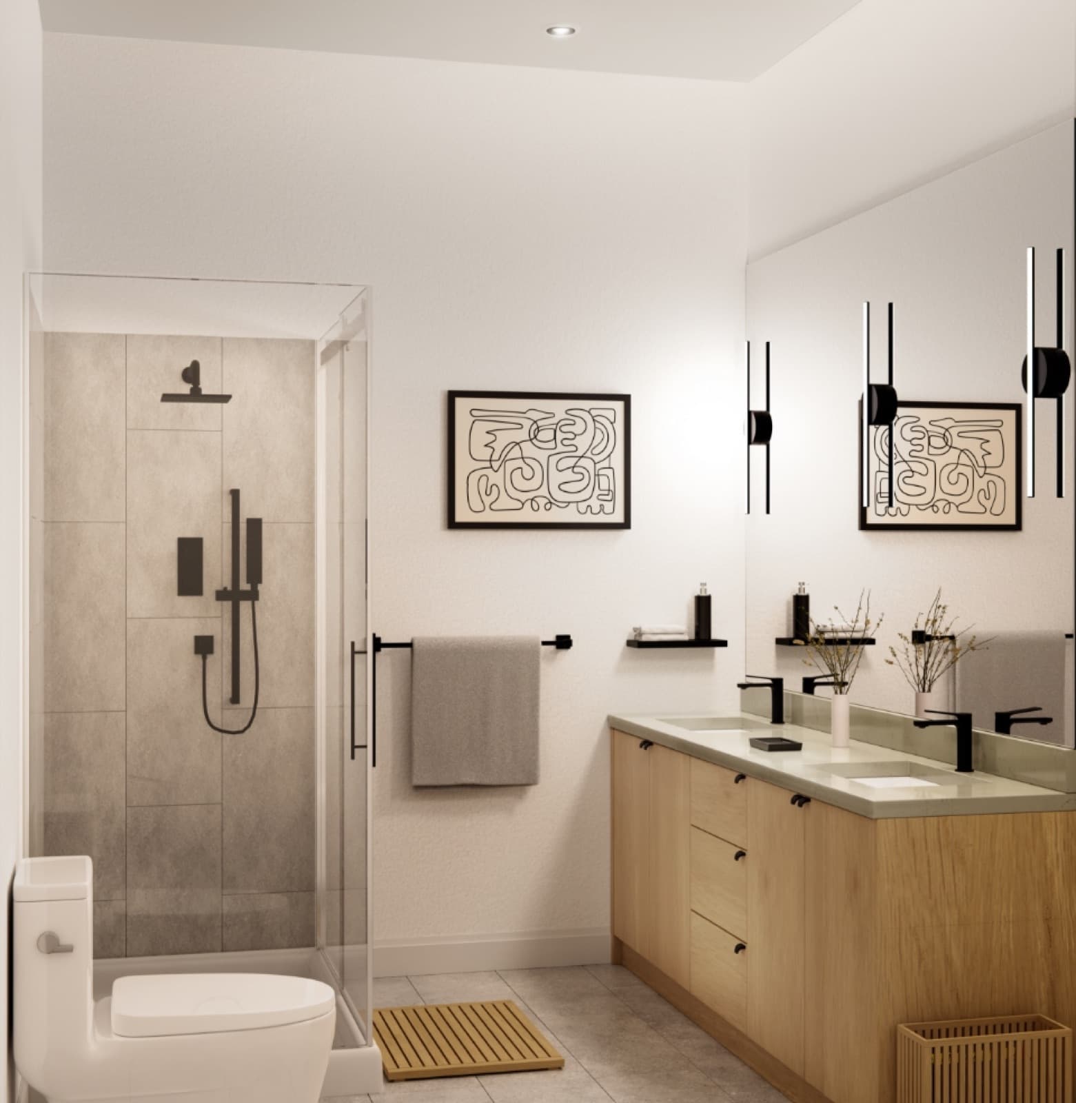 VIVID Townhomes – Bathroom with a glass-enclosed shower and light wood double vanity, shown from a slightly different angle than a similar companion photo.