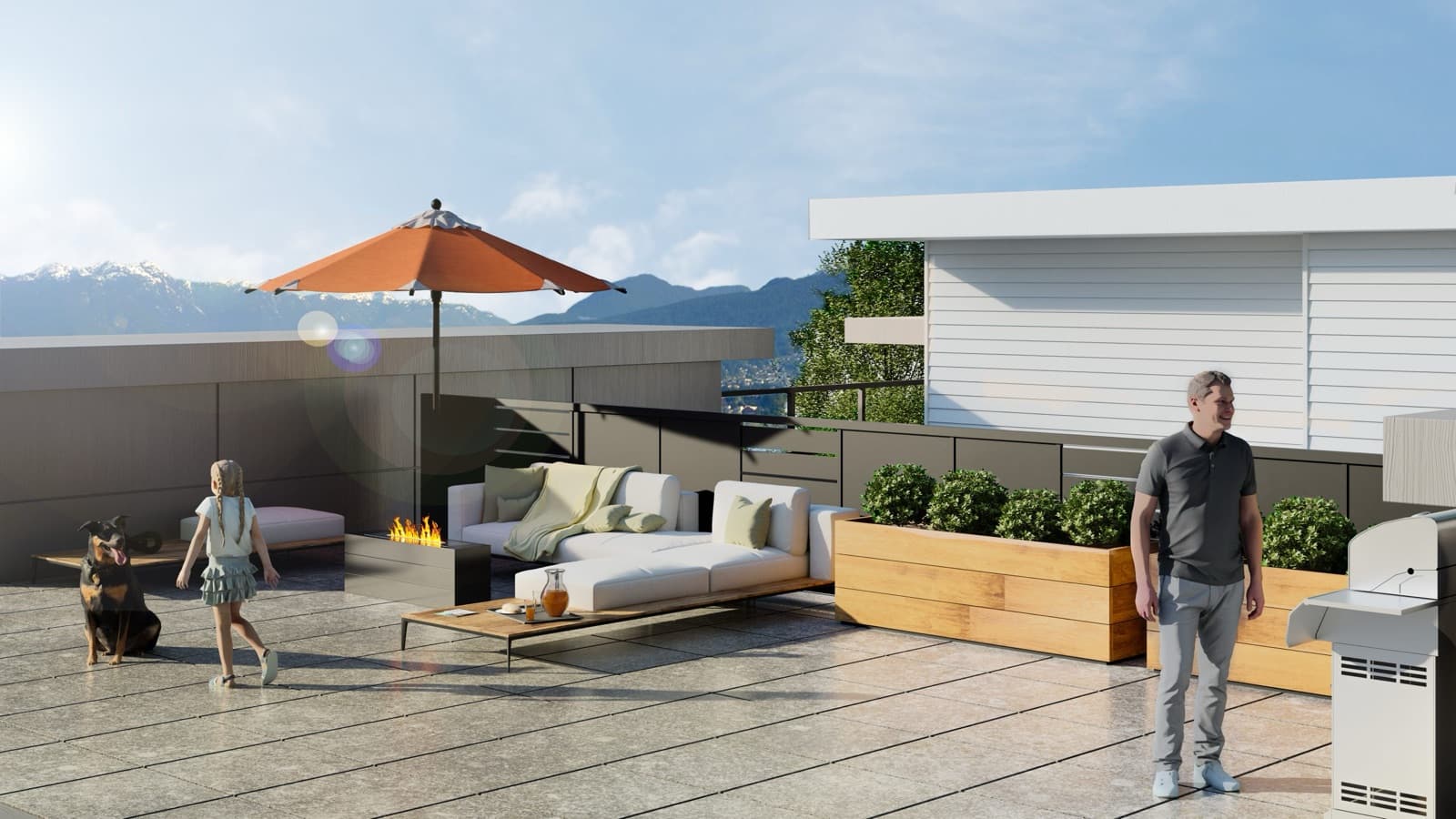 VIVID Townhomes – Rooftop terrace rendering with a white outdoor sectional, fire table, orange market umbrella, built-in planters, a BBQ, and mountain views; a man, girl, and dog are shown on the deck.