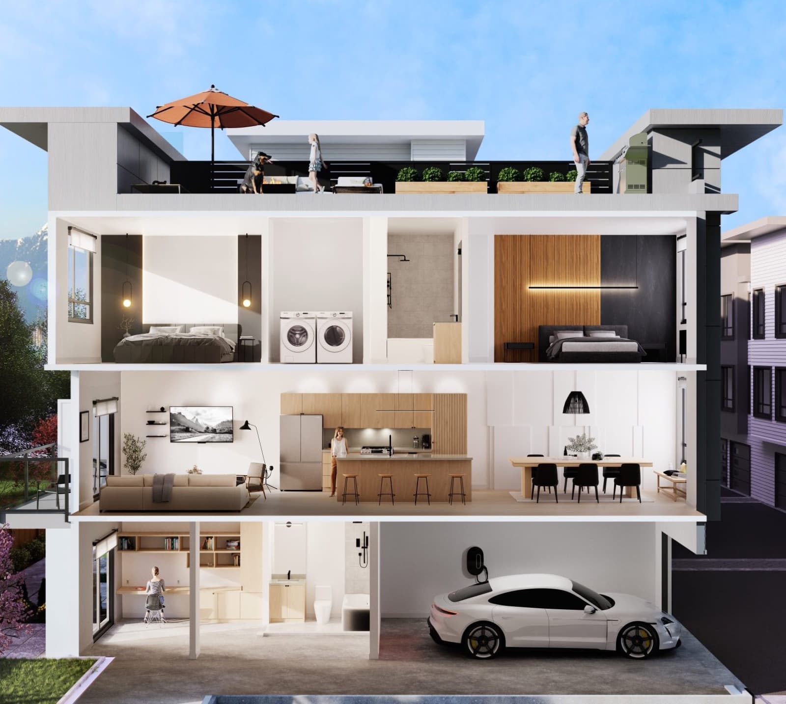 VIVID Townhomes – Architectural cutaway rendering of the same three-level townhome layout (rooftop deck, bedrooms, kitchen/dining floor, garage) from a repeated view.