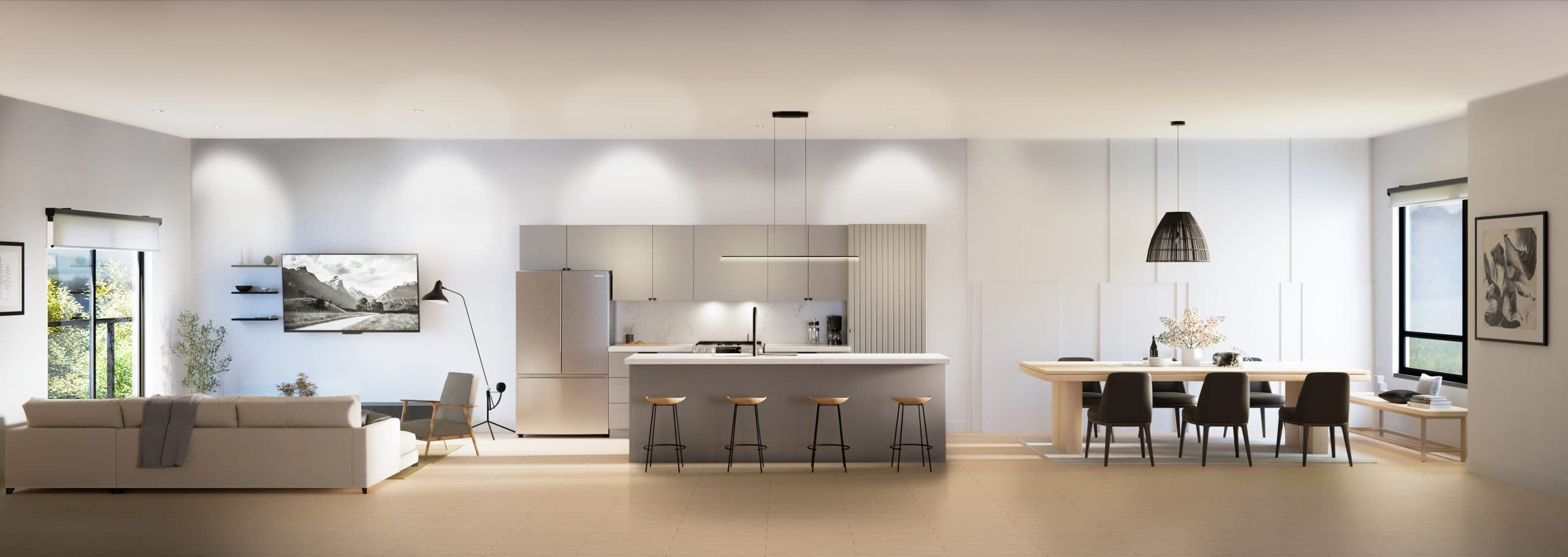 VIVID Townhomes – Panoramic open-concept living space showing a sofa and wall-mounted TV, a light wood kitchen with island seating, and a dining table beyond.