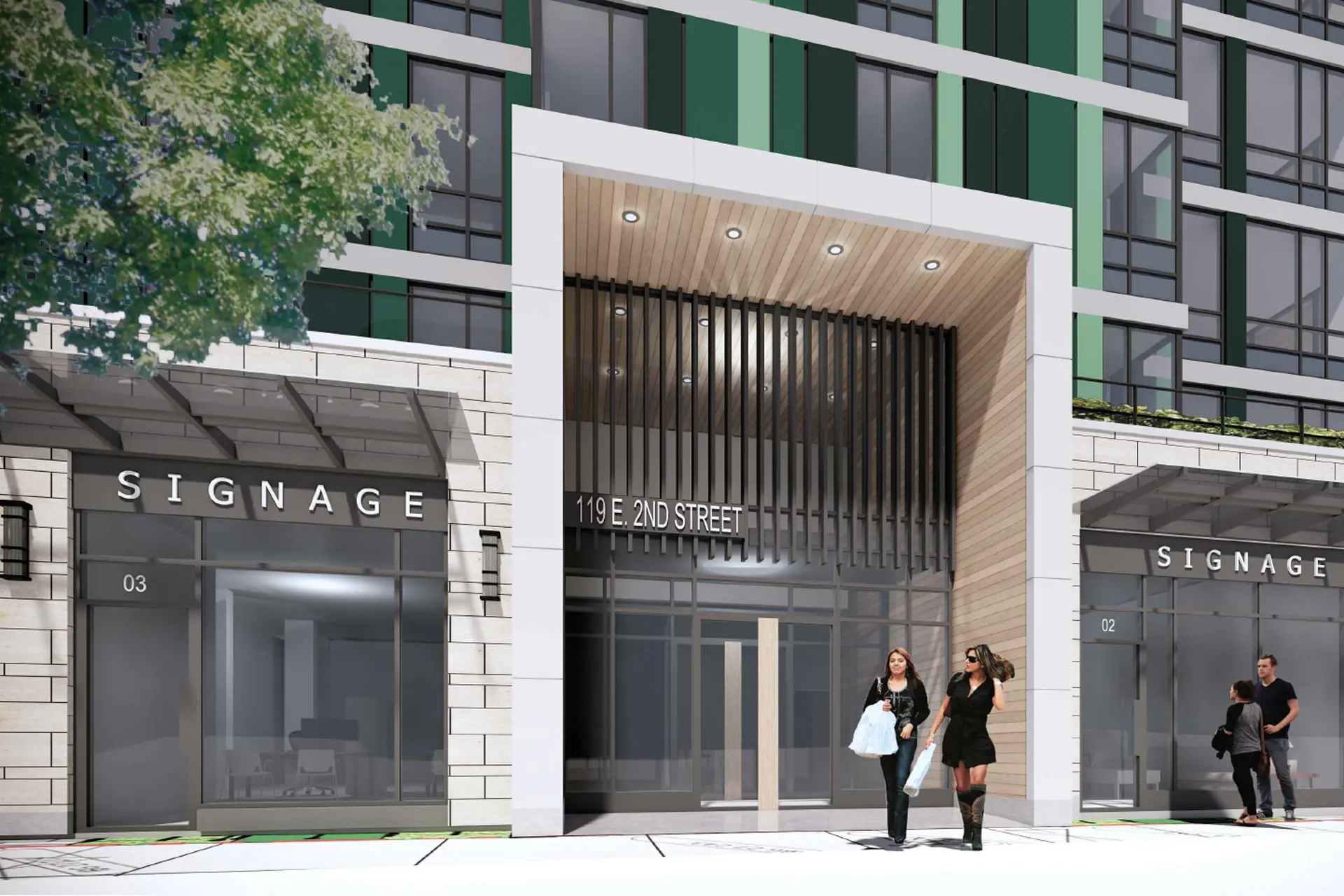 Peridot – A ground-level streetscape rendering highlighting a modern building entrance marked with '119 E. 2ND STREET' beneath a prominent white framed portico with wood panelling and recessed lighting. Commercial retail spaces with placeholder signage flank the entrance, while pedestrians walk along the concrete sidewalk during bright daylight.