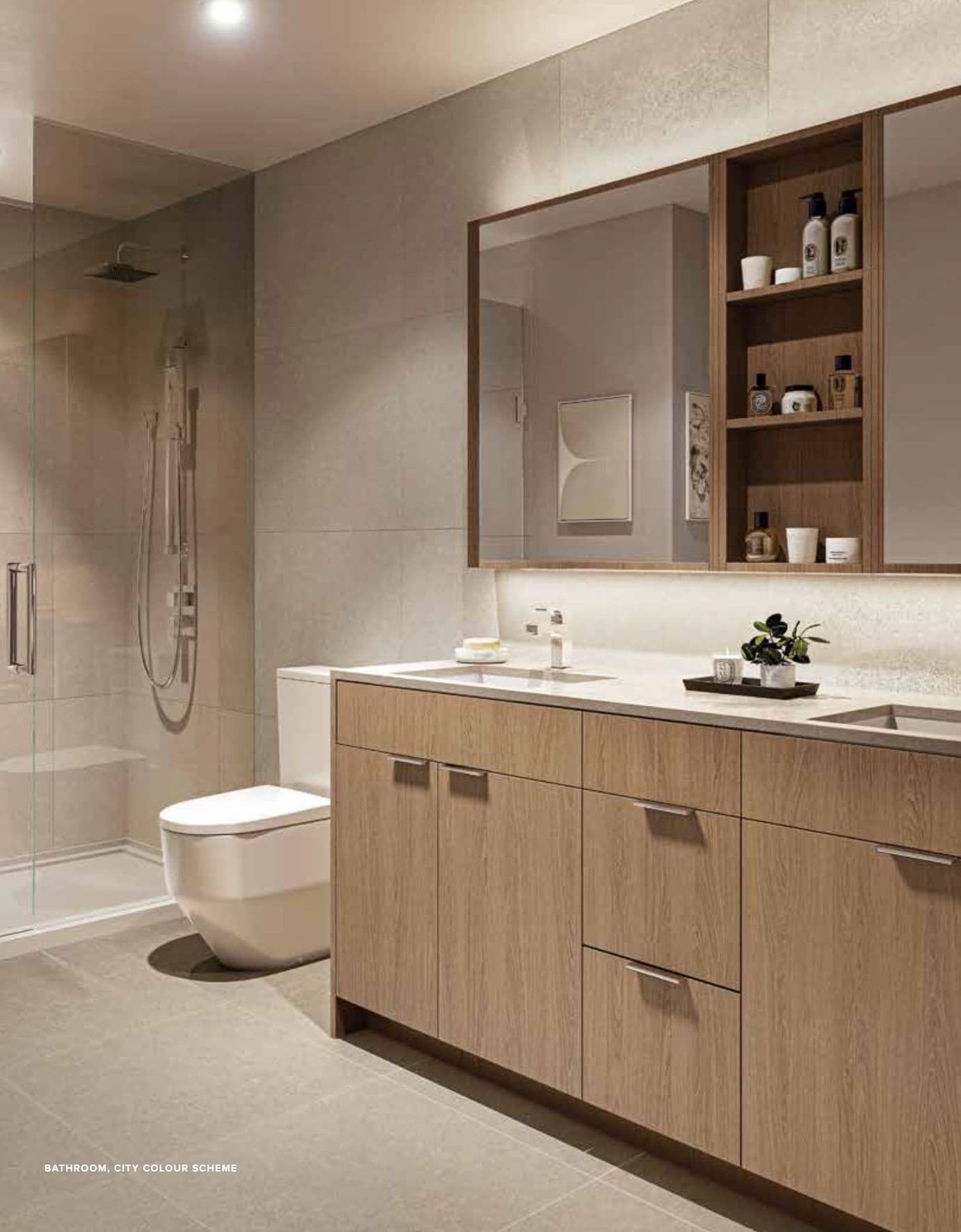 Nuvo Condos – Bathroom rendering with wood-tone vanity, built-in wall shelving, and a glass-enclosed shower, labeled 'Bathroom, City Colour Scheme'.