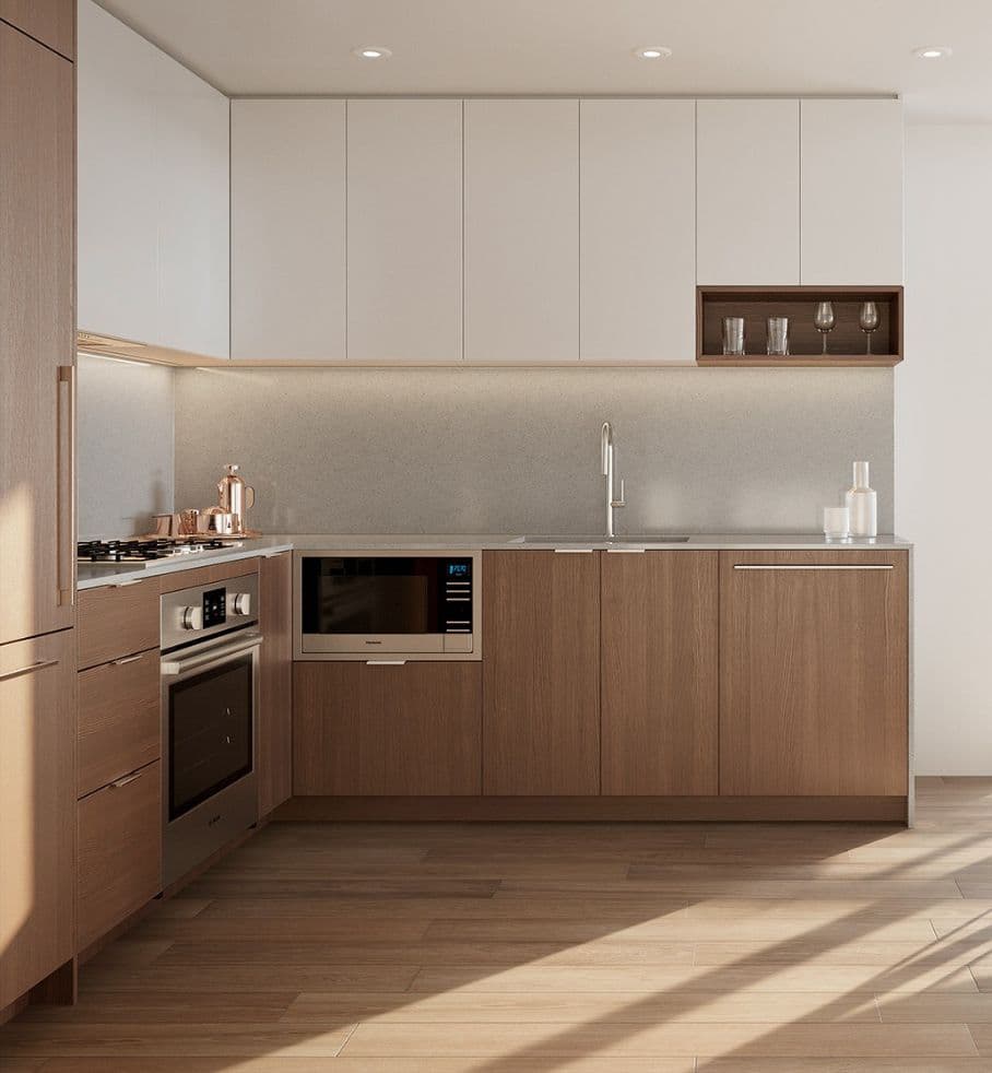 Nuvo Condos – Kitchen rendering with white upper cabinets, wood lower cabinets, and built-in oven and microwave.