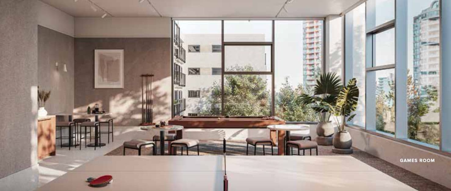 Nuvo Condos – Building amenity games room rendering with a pool table, ping pong table, and lounge seating overlooking neighboring towers, labeled 'Games Room'.