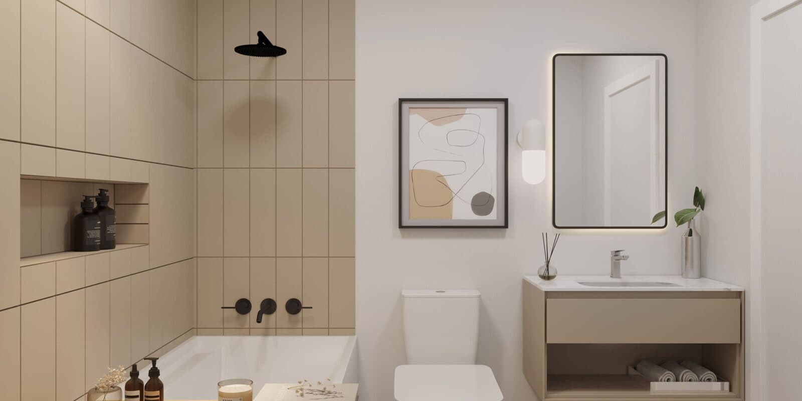 Orchard – A modern bathroom featuring a bathtub surrounded by beige vertical stacked tiles with matte black fixtures and a recessed niche. Next to the tub, a white toilet sits beside a floating taupe vanity with an undermount sink and a backlit rectangular mirror.