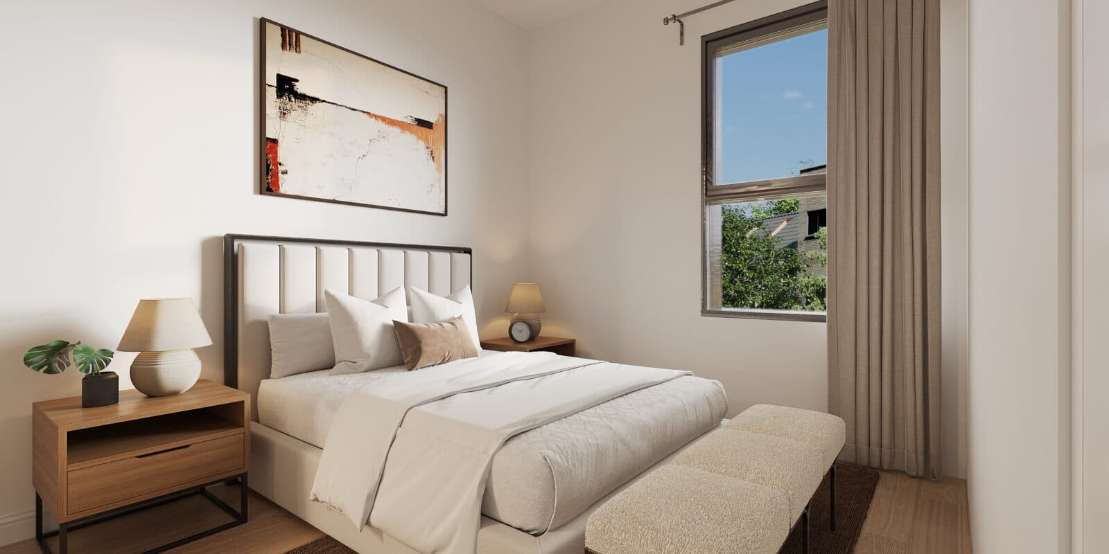Orchard – A bright, contemporary bedroom features a dressed bed with a vertically channeled headboard, an upholstered bench at the foot, and wooden nightstands with lamps. An abstract painting hangs above the bed, while a window on the right reveals green treetops under daylight.