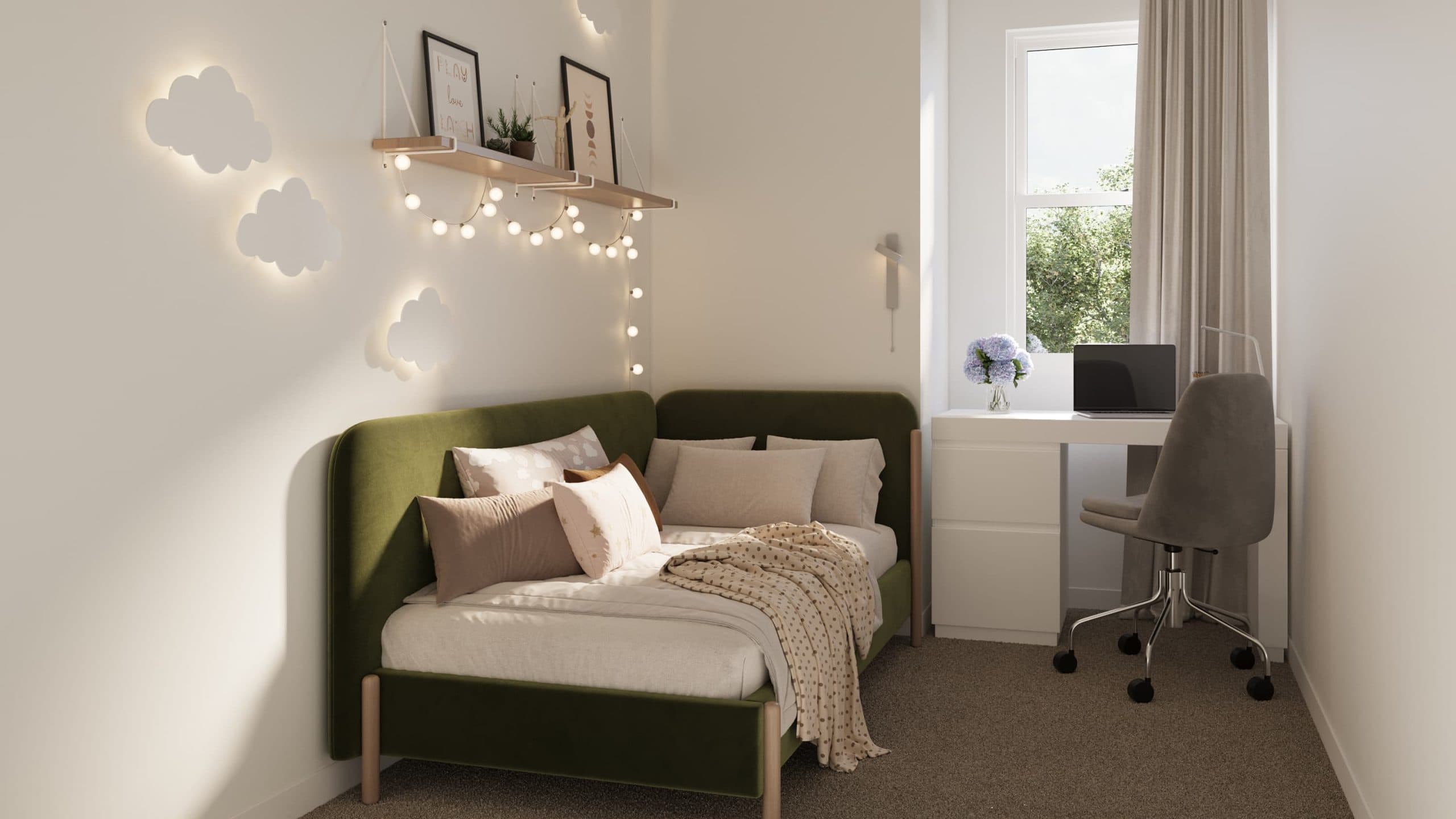 Compass Cohousing – Child's bedroom with a green upholstered daybed, cloud-shaped wall lights and string lights, a small desk with a laptop, and a window looking out to trees.