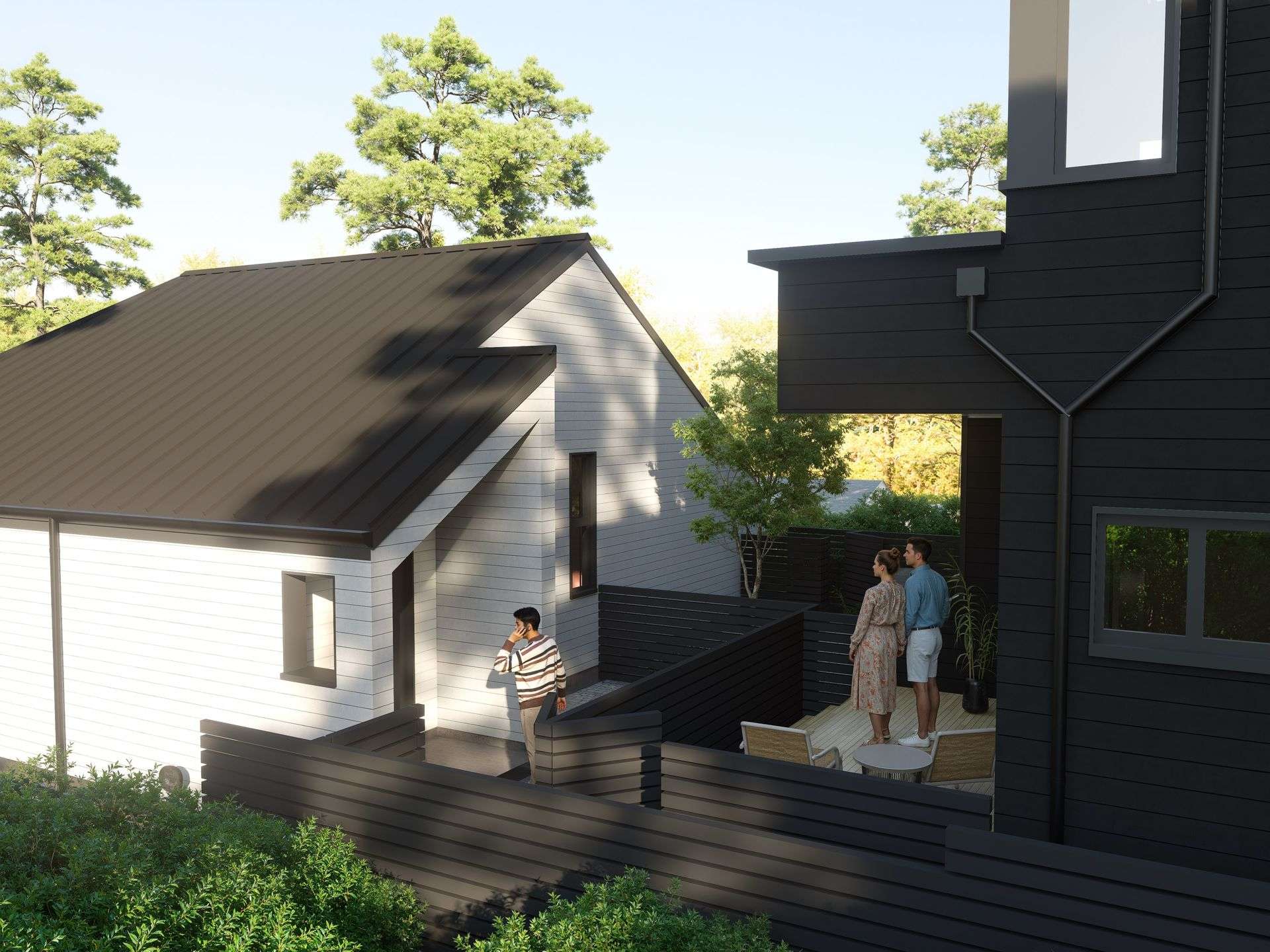 The Park Residences – An elevated view of modern residential homes featuring contrasting black and light-gray horizontal siding, dark metal roofs, and private fenced patios. People are depicted relaxing on a wooden deck with outdoor seating and walking along a side path on a bright, sunny day surrounded by lush green trees.