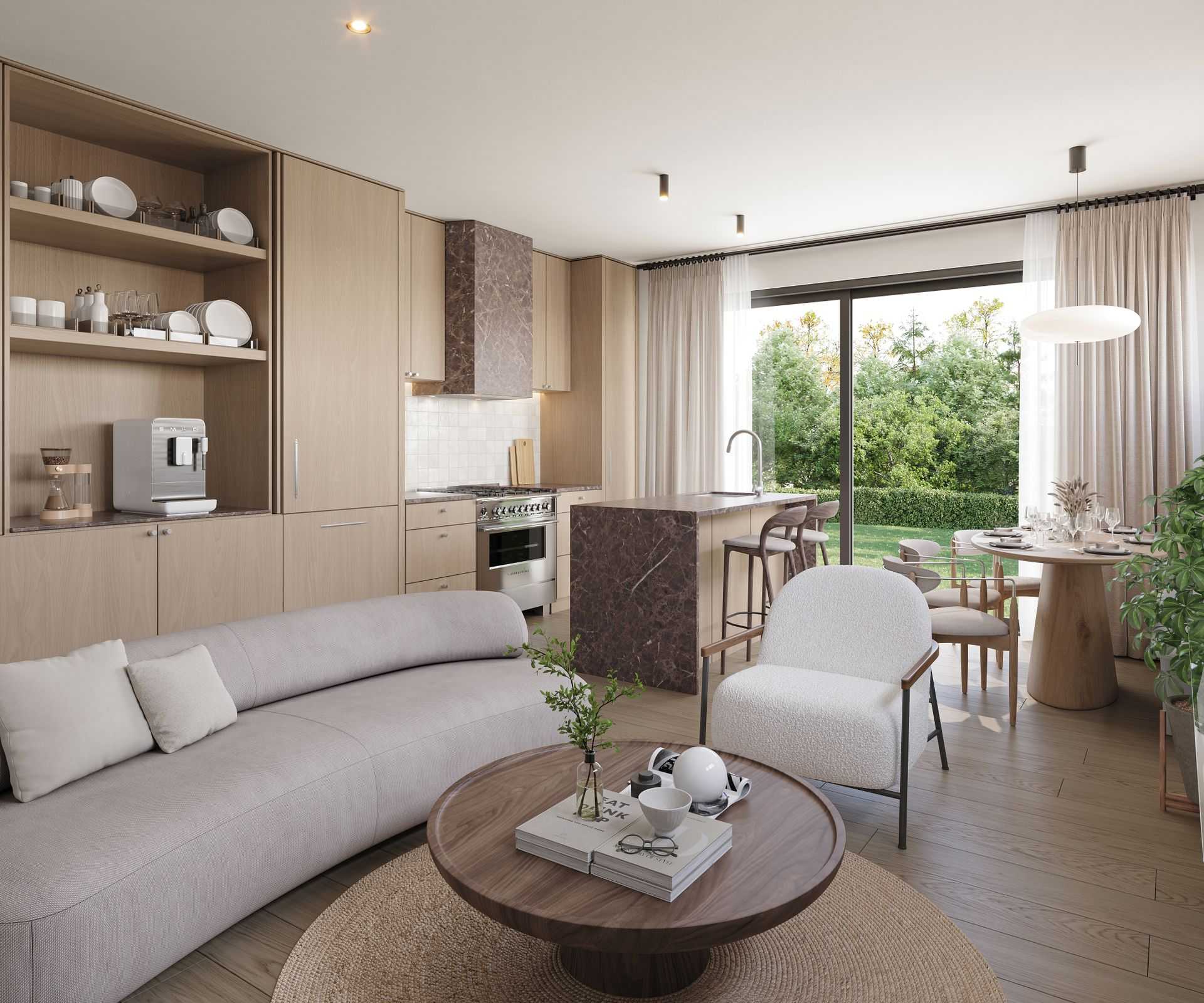 The Park Residences – A bright, open-concept living, dining, and kitchen area finished with light wood cabinetry, wide-plank floors, and rich brown marble countertops and range hood. Floor-to-ceiling sliding glass doors draped in sheer curtains look out onto a lush green lawn and garden.