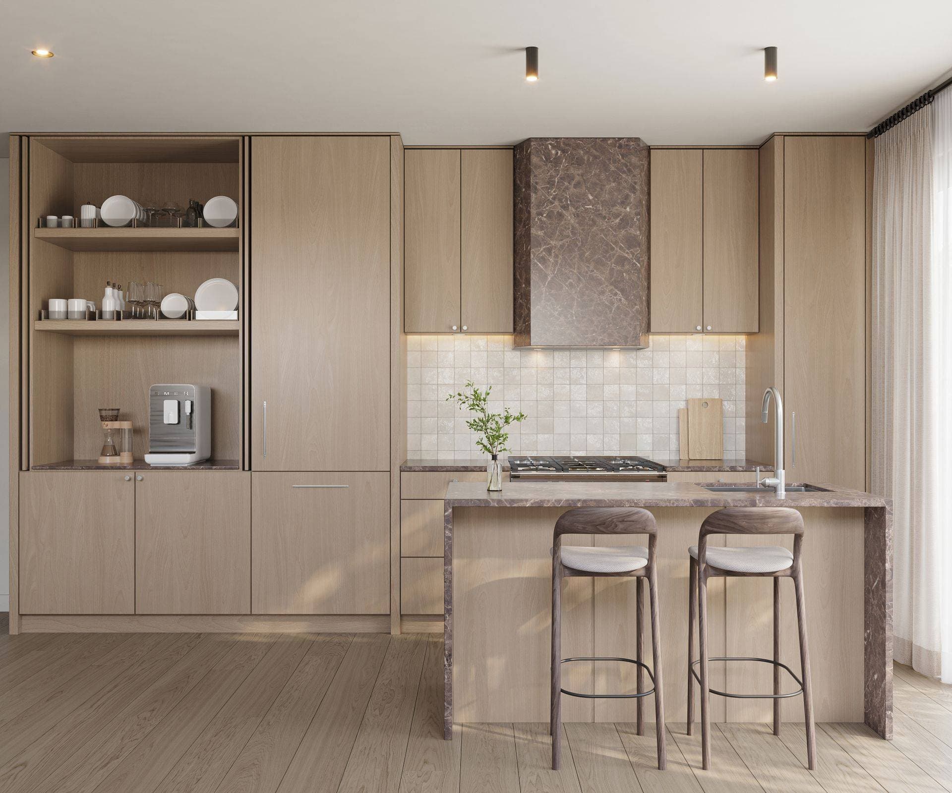 The Park Residences – A modern kitchen rendered in warm, natural tones features light wood flat-panel cabinetry, a brown marble waterfall island with two barstools, and matching marble on the range hood and countertops. The space is detailed with light square tile backsplashes, an open shelving nook with tableware, integrated appliances, and soft natural light from a sheer-curtained window.