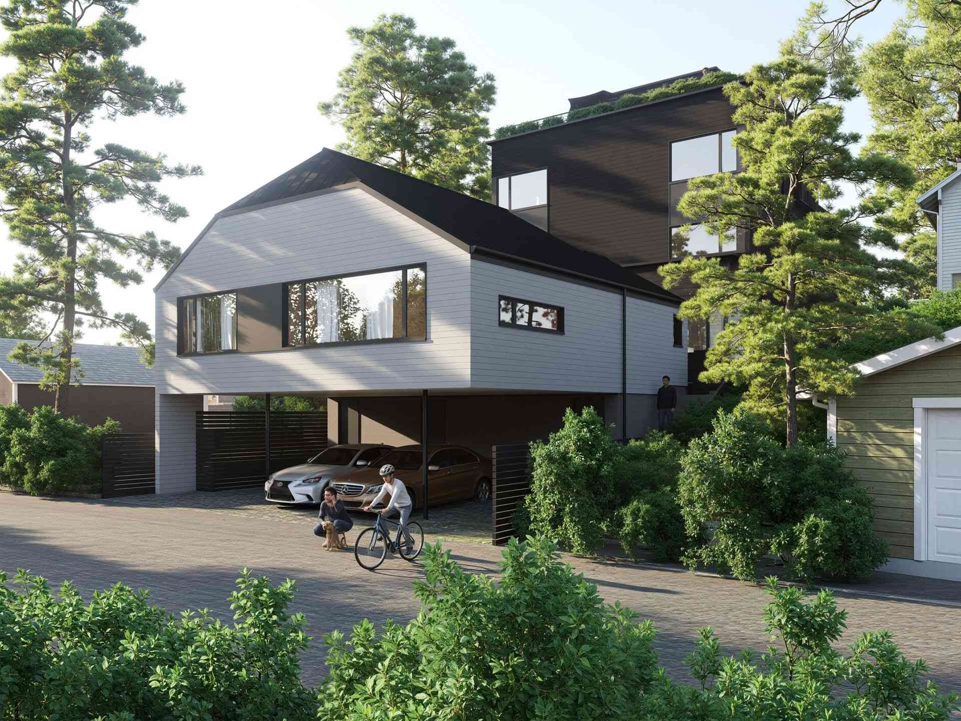 The Park Residences – A contemporary two-volume residential home features light horizontal siding on a canted upper story cantilevered over a covered parking area with parked cars, beside a taller dark-clad volume. Tall pine trees and lush green bushes frame the paved driveway, where people and a bicyclist are seen on a bright, sunny day.
