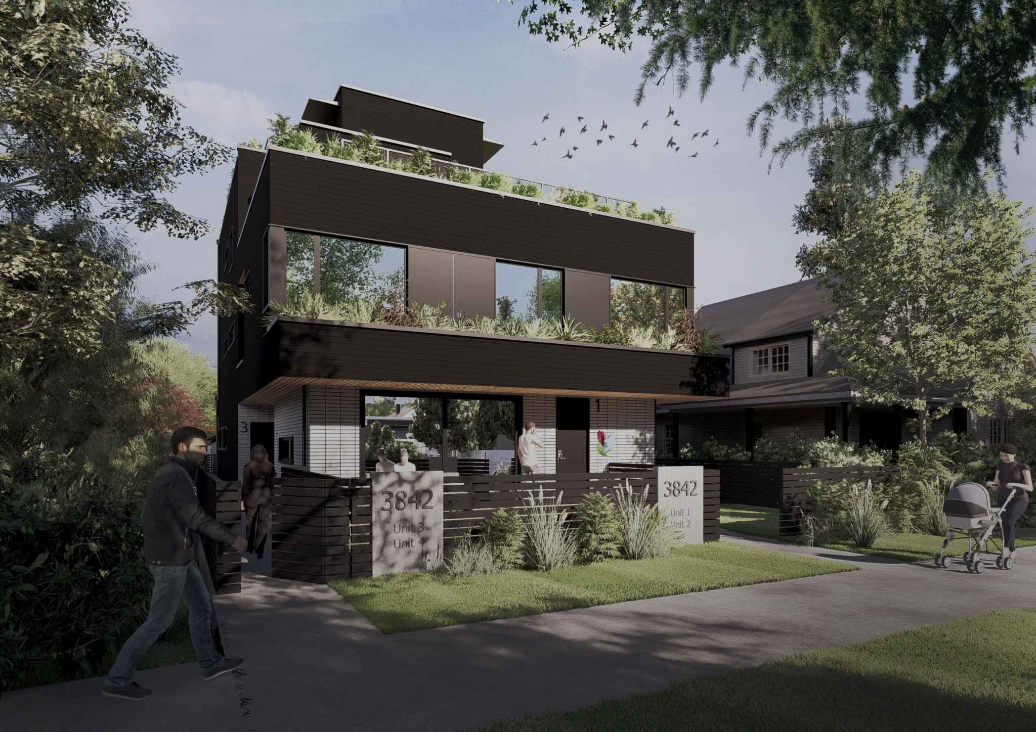 The Park Residences – A ground-level street view shows a modern multi-unit residential building with dark horizontal siding, white brick on the lower level, and landscaped rooftop terraces filled with greenery. Pedestrians walk along the sidewalk past a landscaped front yard with modern address markers and a low dark fence under a daytime sky.