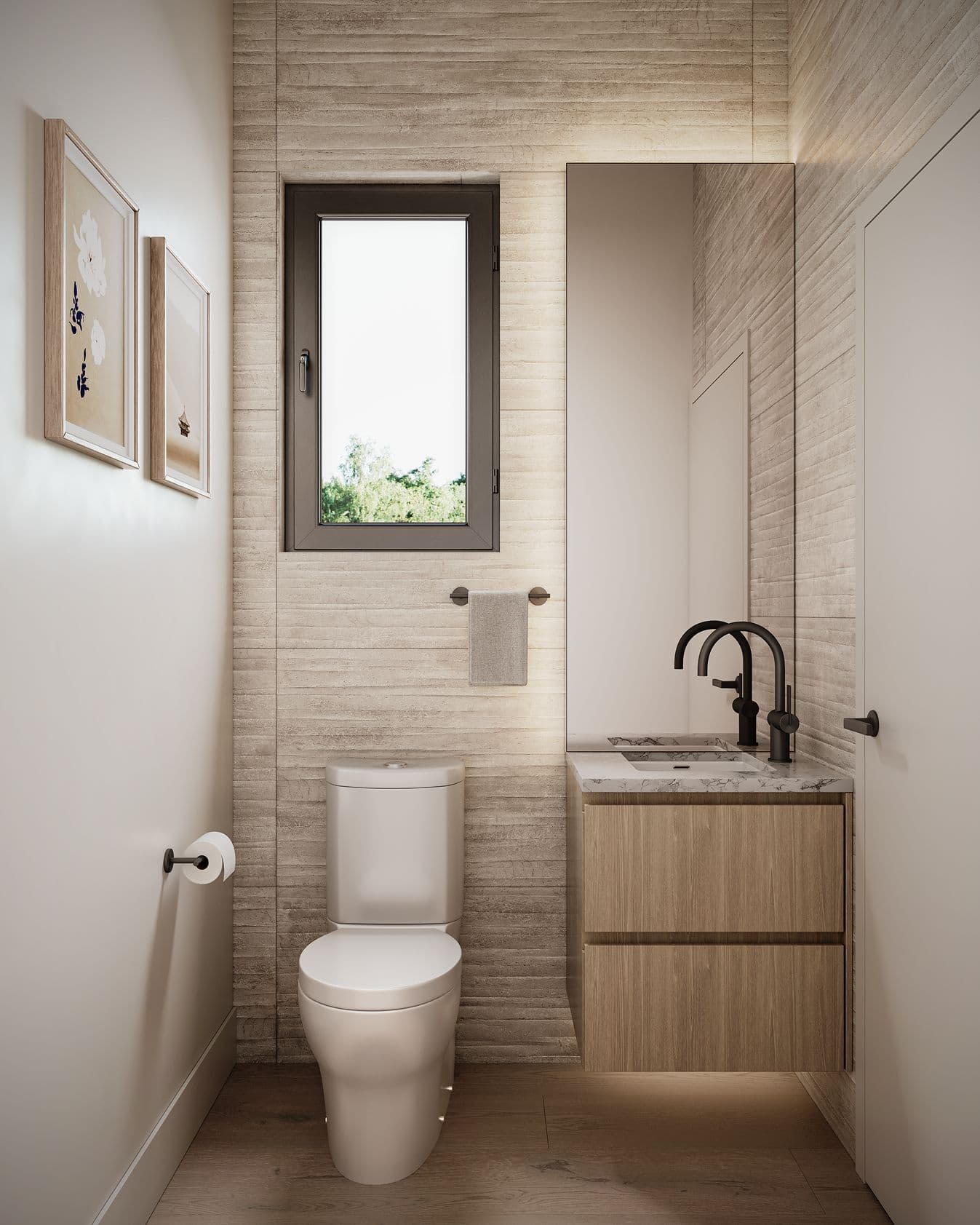 Solin – A modern powder room featuring a light wood floating vanity with a white marble countertop and matte black fixtures beneath a tall, frameless mirror. The accent wall is clad in light-colored textured stone tiles, centered with a small dark-framed window overlooking green trees, creating a bright and minimalist interior atmosphere.