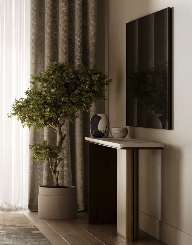 Solin – A sophisticated interior vignette featuring a slim marble-topped console table with modern ceramics beneath a wall-mounted dark artwork or television. A potted leafy indoor tree stands by floor-to-ceiling textured drapes, lit softy by diffused natural daylight for an elegant, moody feel.
