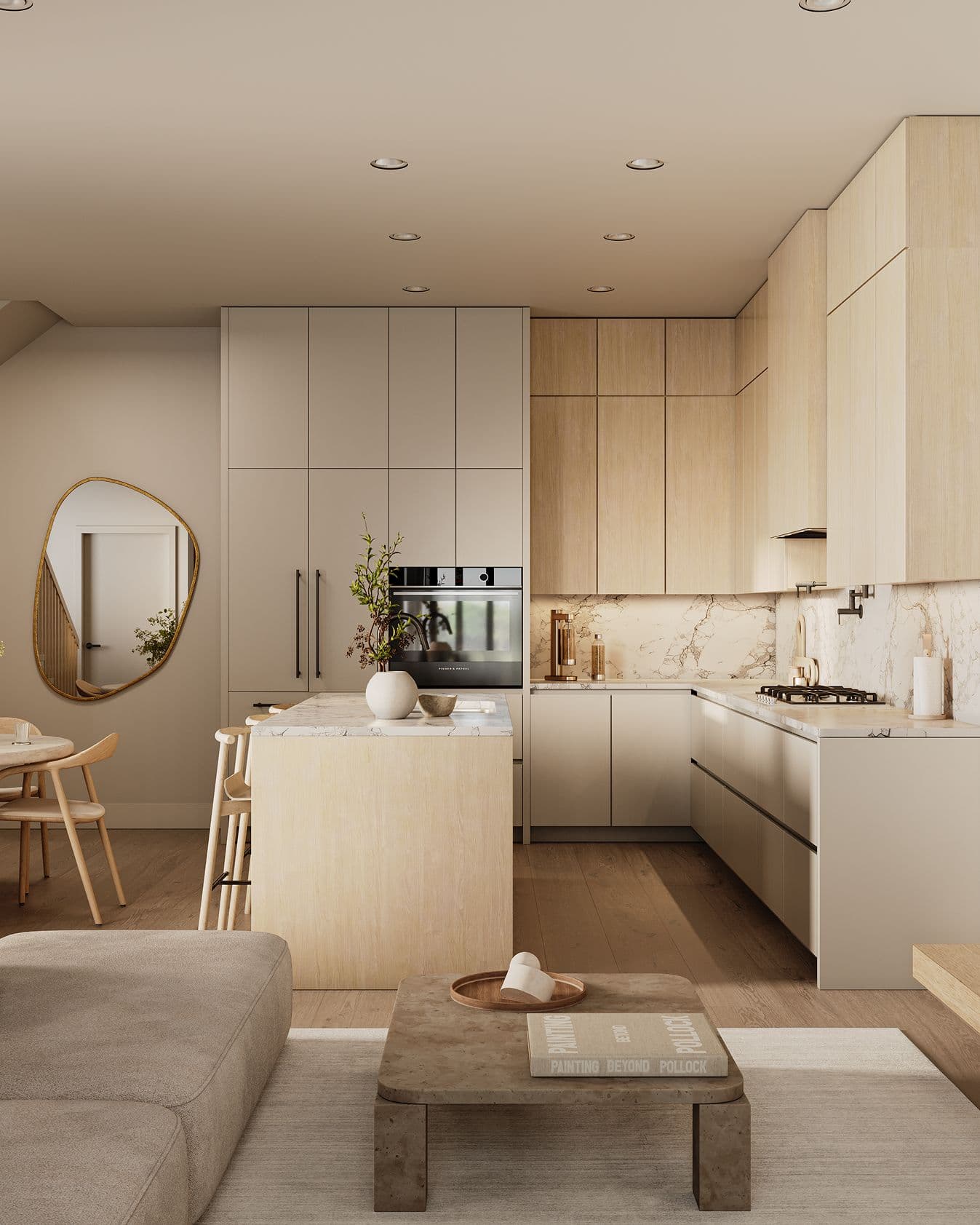 Solin – A modern open-concept kitchen features light wood and beige minimalist cabinetry, white marble countertops and backsplash, and a central kitchen island with wooden barstools. In the foreground, a warm living room space includes a soft beige sofa, a low stone coffee table, and light hardwood flooring under gentle, warm lighting.