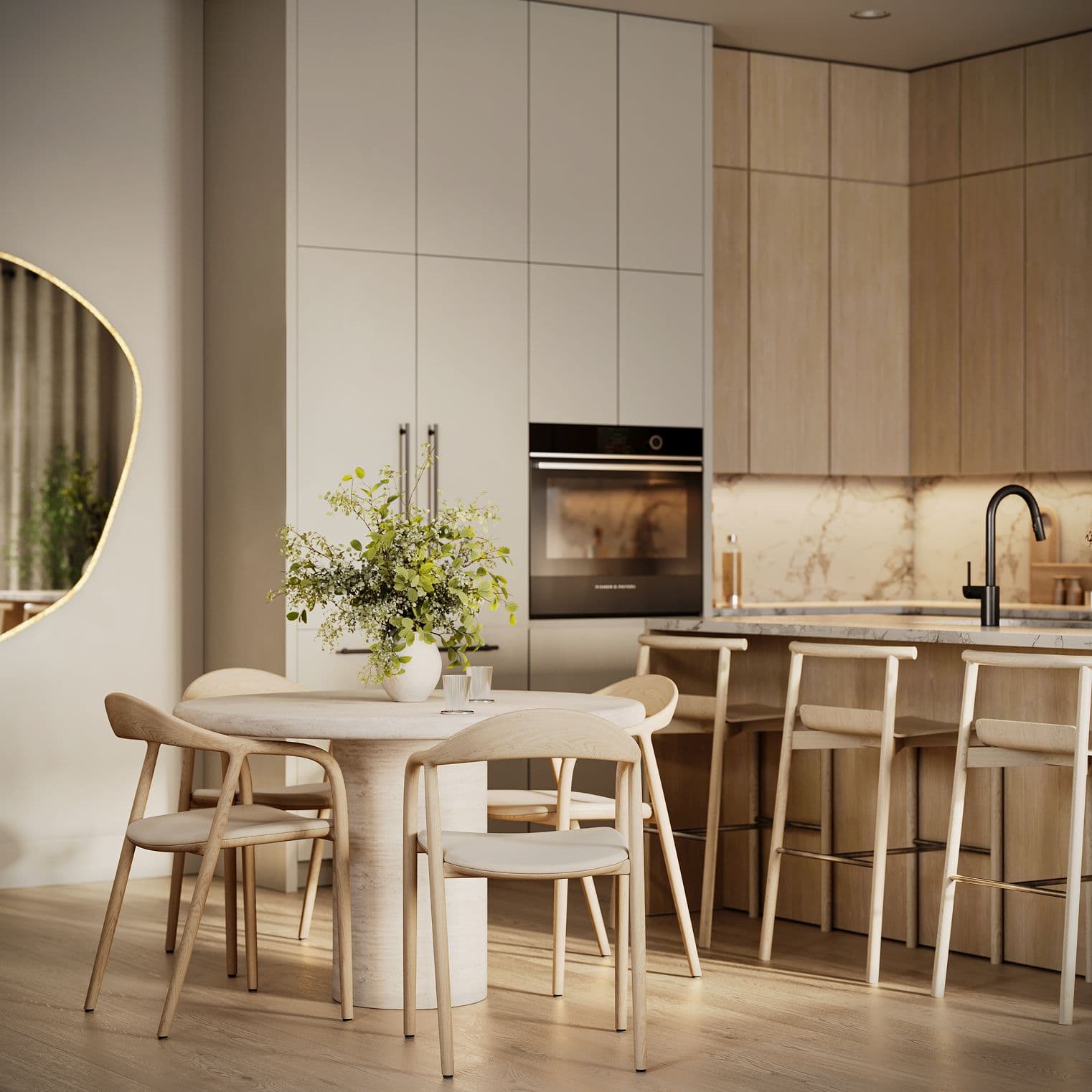 Solin – A modern open-concept kitchen and dining area features minimalist light wood cabinetry, integrated appliances, and a marble kitchen island with wooden barstools. In the foreground, a round stone dining table surrounded by Scandinavian-style wooden chairs is topped with a vase of fresh greenery under warm, soft lighting.