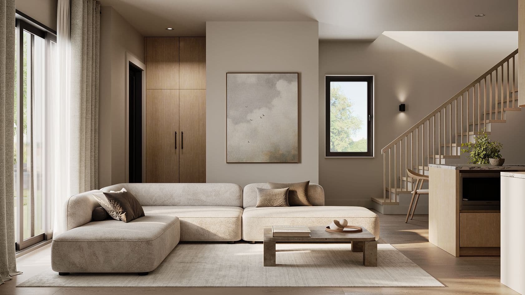 Solin – A modern living room features a low-profile, beige sectional sofa on a neutral area rug next to floor-to-ceiling glass patio doors that let in soft daytime light. In the background, light wood-toned cabinetry, a beige wall adorned with abstract framed art, and a light-wood staircase with slatted railings create a warm, serene atmosphere.
