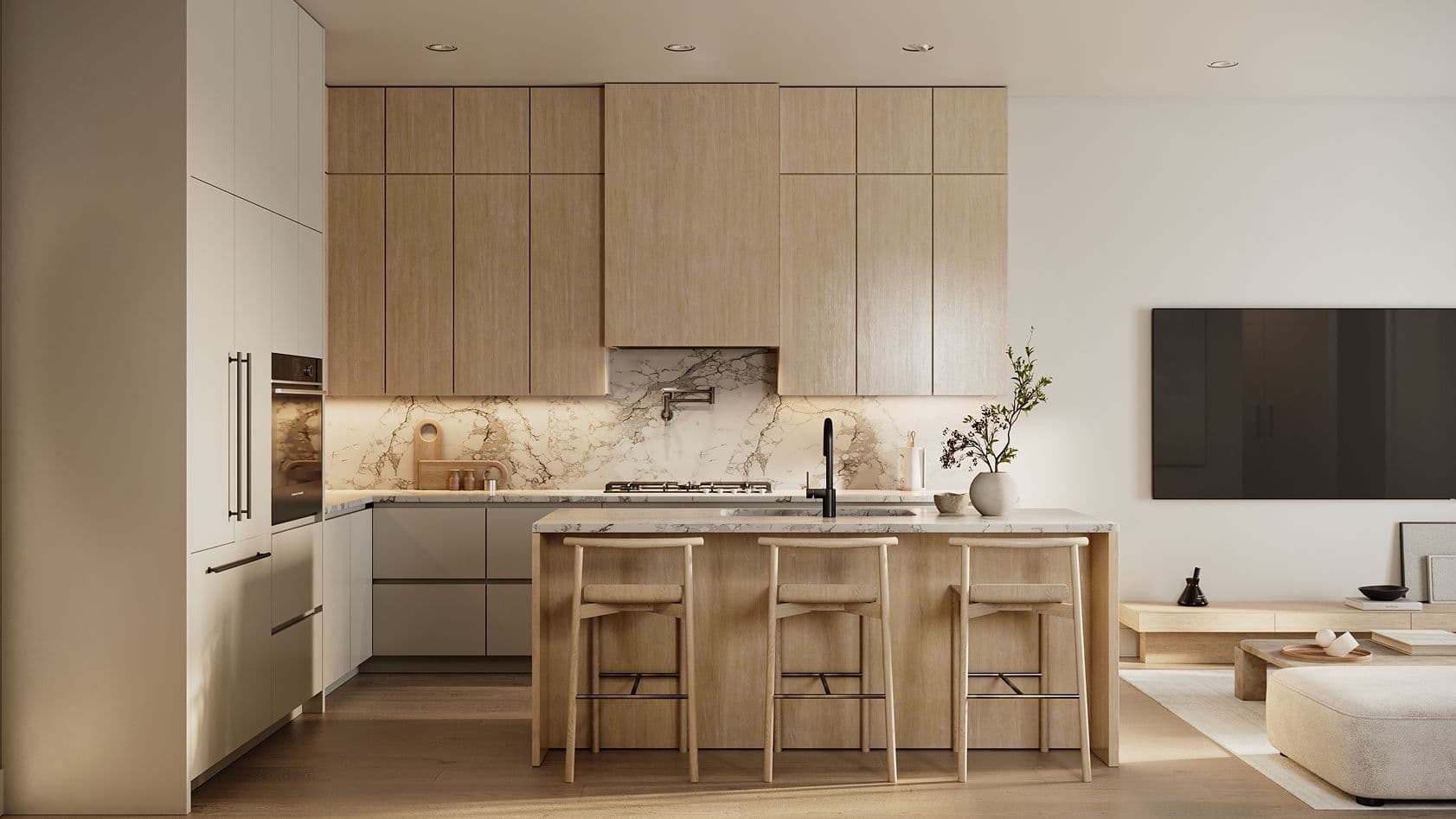 Solin – A modern, open-concept kitchen features light wood upper cabinetry, a matching wood kitchen island with three barstools, and a heavily veined marble backsplash and countertop. Integrated appliances and sleek black fixtures create a minimalist, serene Scandinavian aesthetic bathed in warm, soft lighting.