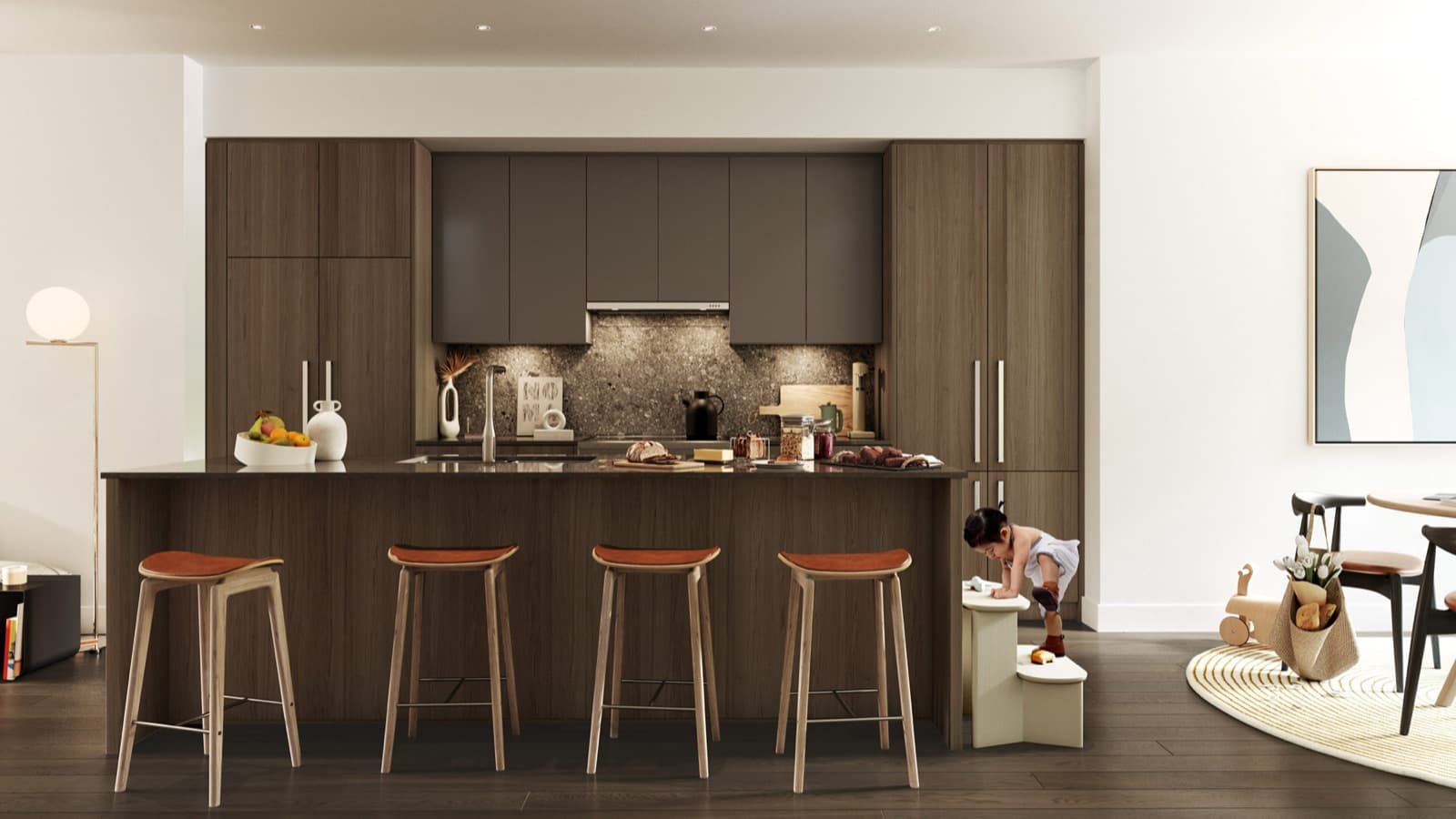 Towns at Lynn – Kitchen with dark wood cabinetry, a stone backsplash, orange bar stools, and a child climbing onto a step stool nearby.