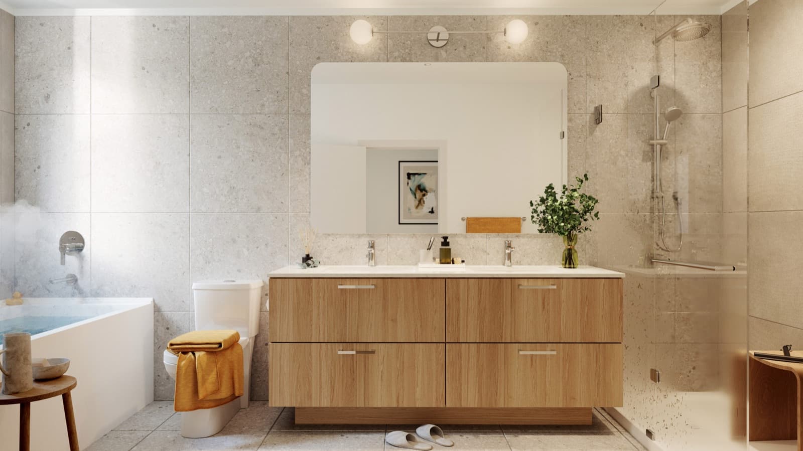 Towns at Lynn – Bathroom with a soaking tub, glass shower enclosure, and a wood double vanity with a large mirror.