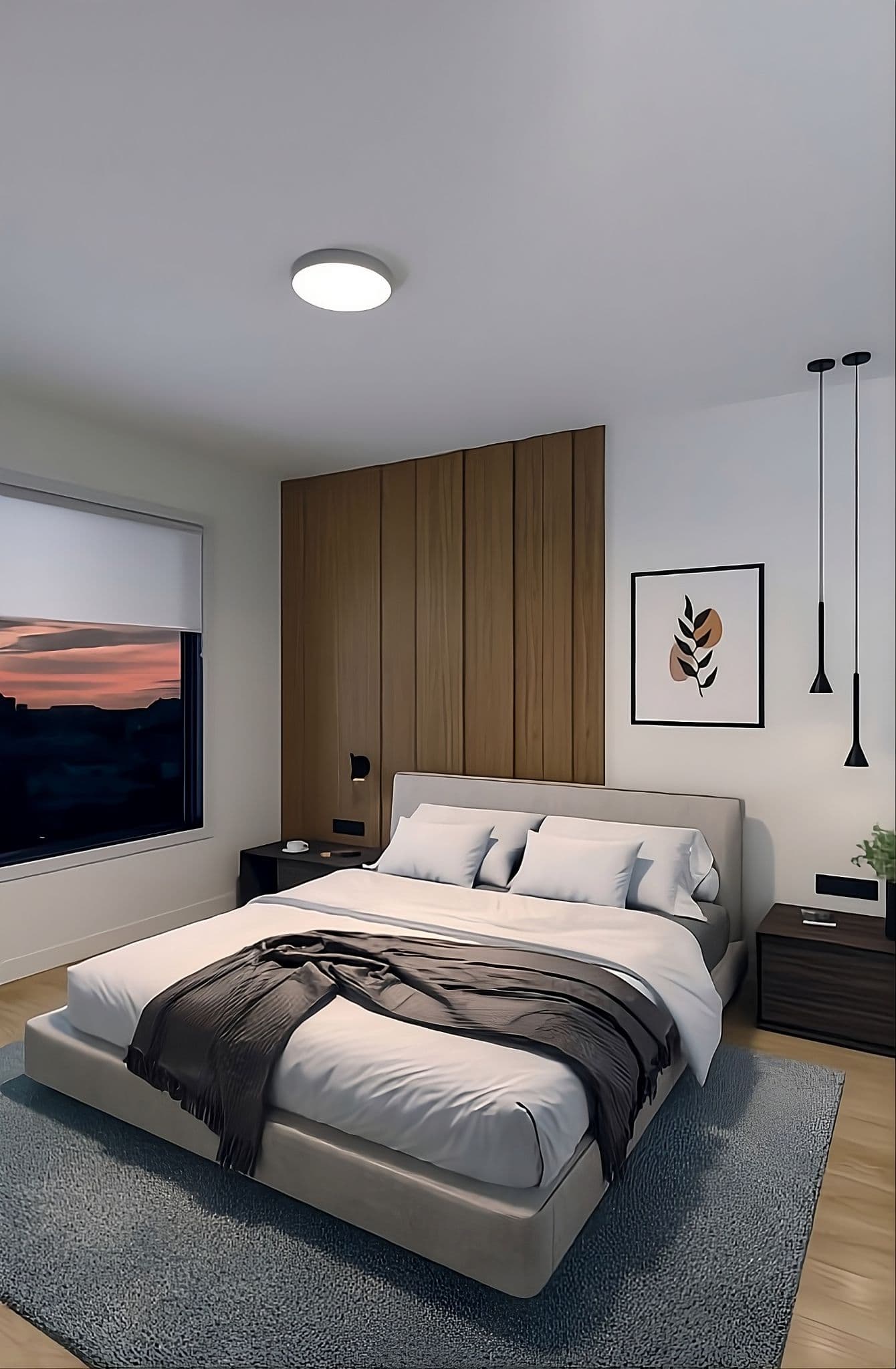 Chronicle – A modern bedroom features a neatly made bed with an upholstered headboard, set against vertical wood paneling and white walls with hanging black pendant lights. A window on the left looks out onto a dramatic sunset sky over distant horizons.