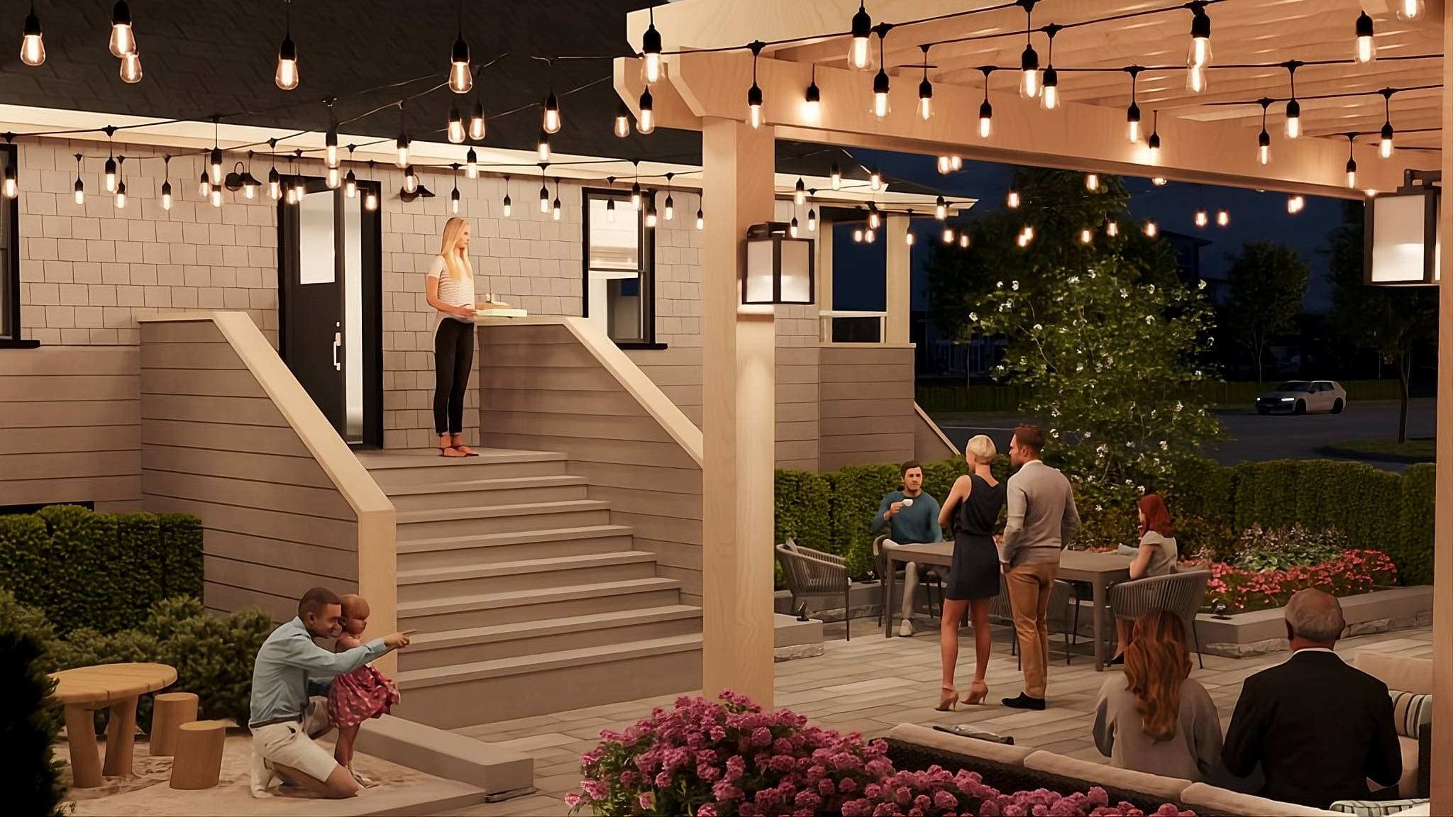 Chronicle – An evening rendering of a shared residential courtyard and patio lit by overhead string lights and a timber pergola. Residents are depicted socializing in outdoor lounge seating, dining at a patio table, and playing near a sandbox beside landscaped shrubbery and flower beds.