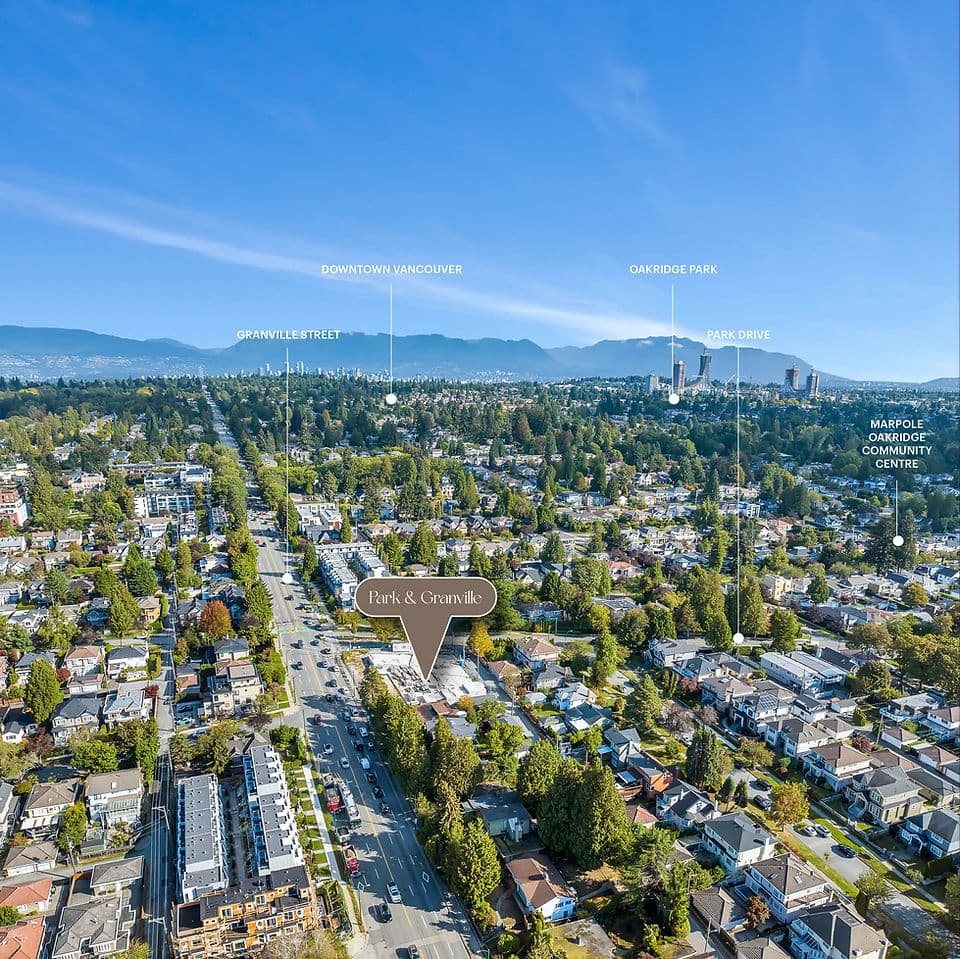 Park & Granville – A sunny, wide-angle aerial view looking out over a lush, tree-lined residential neighborhood along a major road corridor, with mountains and the distant city skyline in the background. The image includes callout pins pointing to local landmarks and the development site labeled 'Park & Granville'.