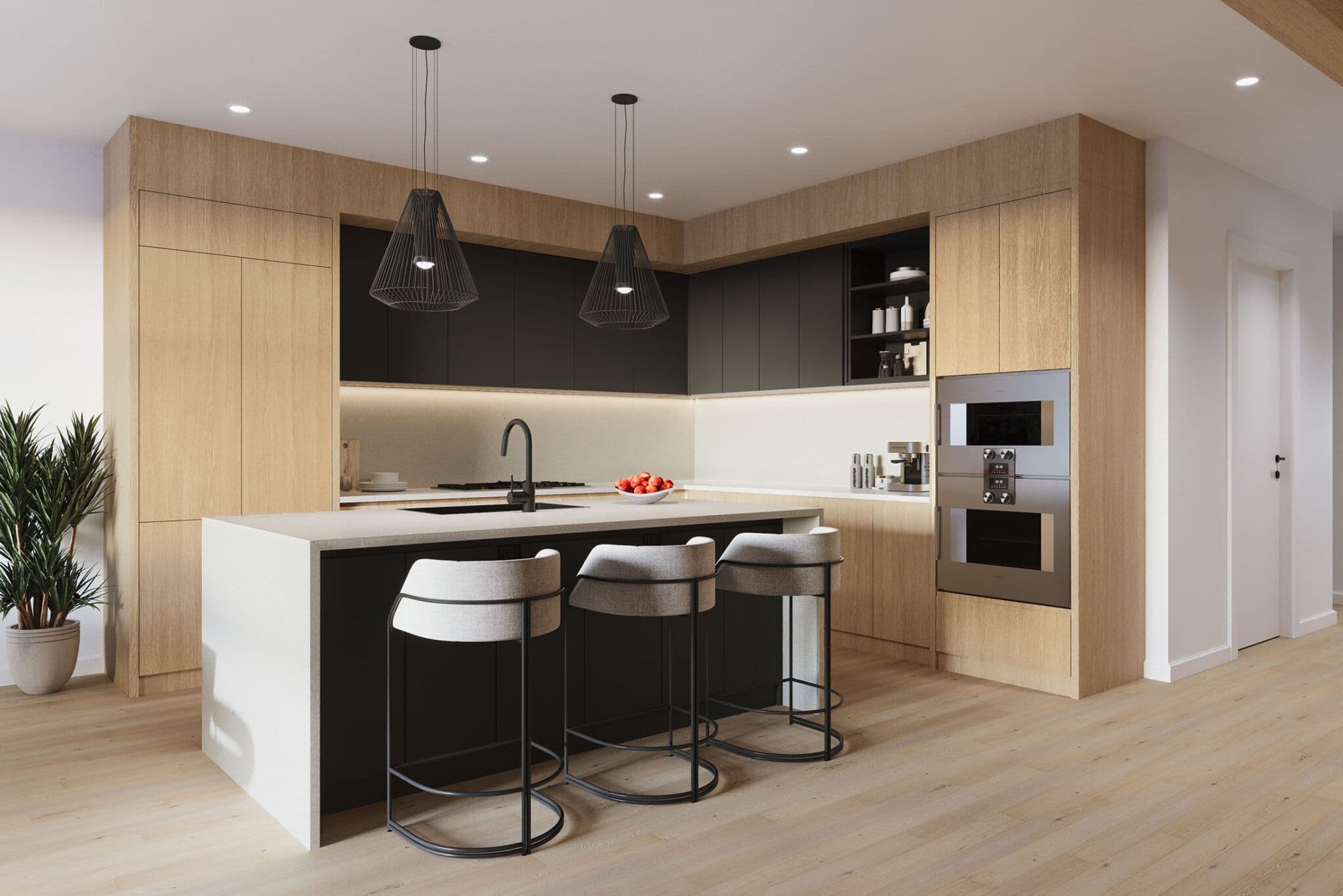 Obsidian on Tenth – A modern kitchen featuring light oak cabinetry combined with matte black upper and lower cabinets, integrated stainless steel ovens, and warm under-cabinet lighting. A central island with a waterfall countertop includes a black sink faucet, three curved barstools, and two black wireframe pendant lights overhead.