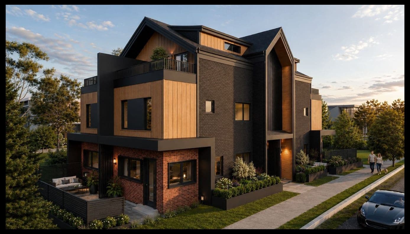 Victoria Haus – A contemporary multi-family residential building features a striking mix of dark charcoal brick, vertical natural wood panels, and red brick facade elements under pitched rooflines. Private fenced patios, a rooftop terrace, and manicured perimeter gardens line a quiet suburban sidewalk in warm late-afternoon sunlight.