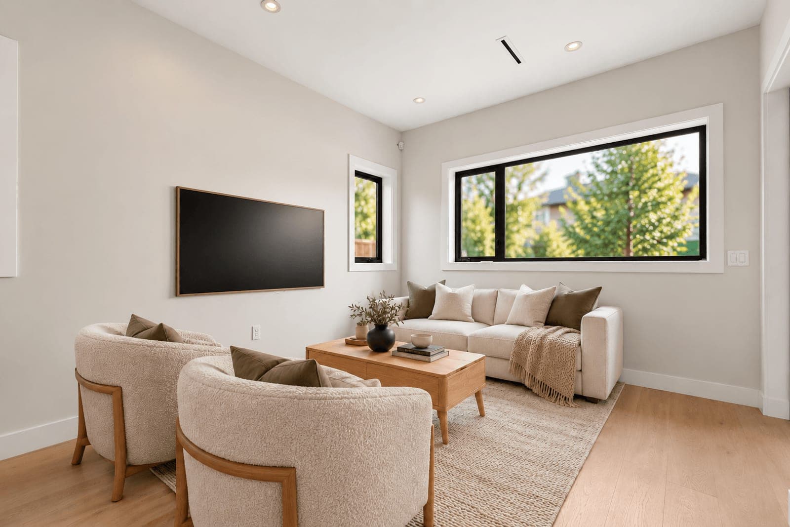 Victoria Haus – A bright, contemporary living room features light hardwood floors, neutral walls, and a large black-framed picture window looking out onto lush green trees. The space is styled with a beige sofa, two textured curved armchairs, a wooden coffee table over a woven area rug, and a wall-mounted flat-screen TV.