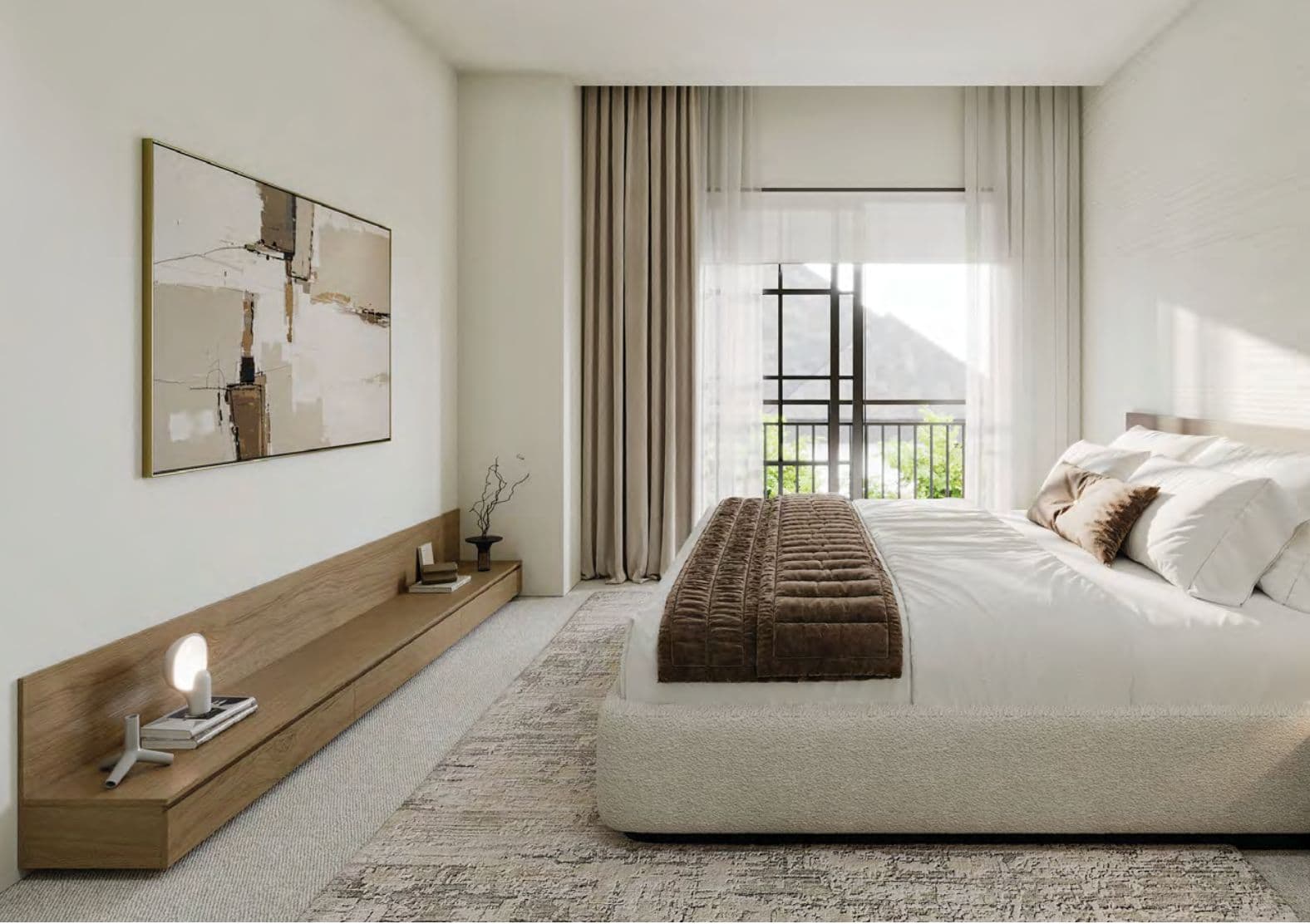 The Edgemont Collection – A bedroom with a floating wood bench along the wall, abstract framed art, a plush bed with a brown quilted throw, and a balcony overlooking greenery and hills.