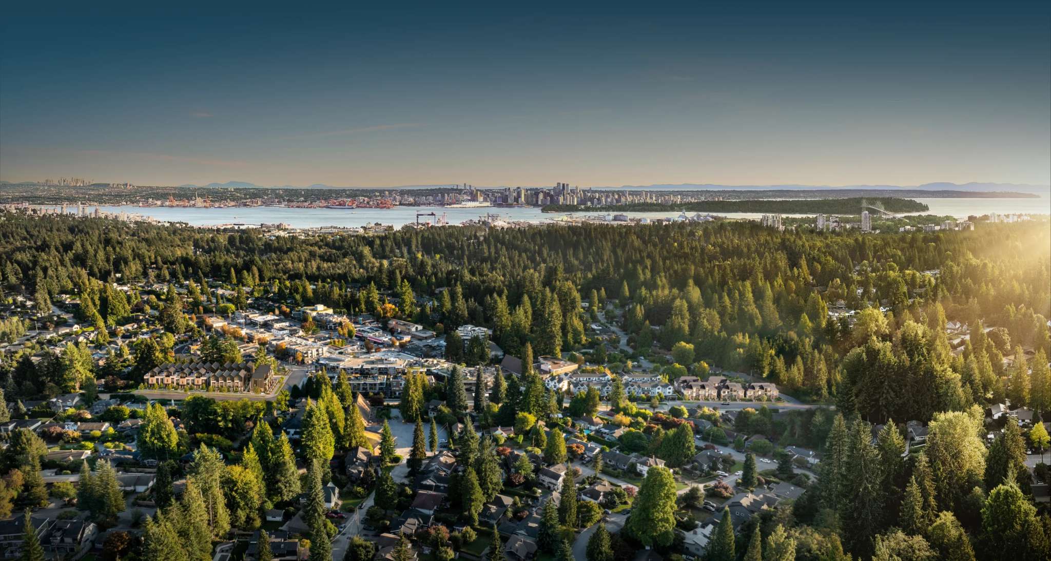 The Edgemont Collection – A drone view over a forested neighborhood with a low-rise townhome cluster in the foreground and a harbor, city skyline, and mountains in the distance.