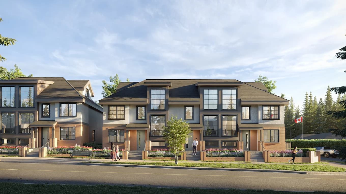 The Edgemont Collection – A street-level rendering of townhomes with dark pitched roofs and brick accents, showing residents walking and jogging along the sidewalk with a Canadian flag visible.