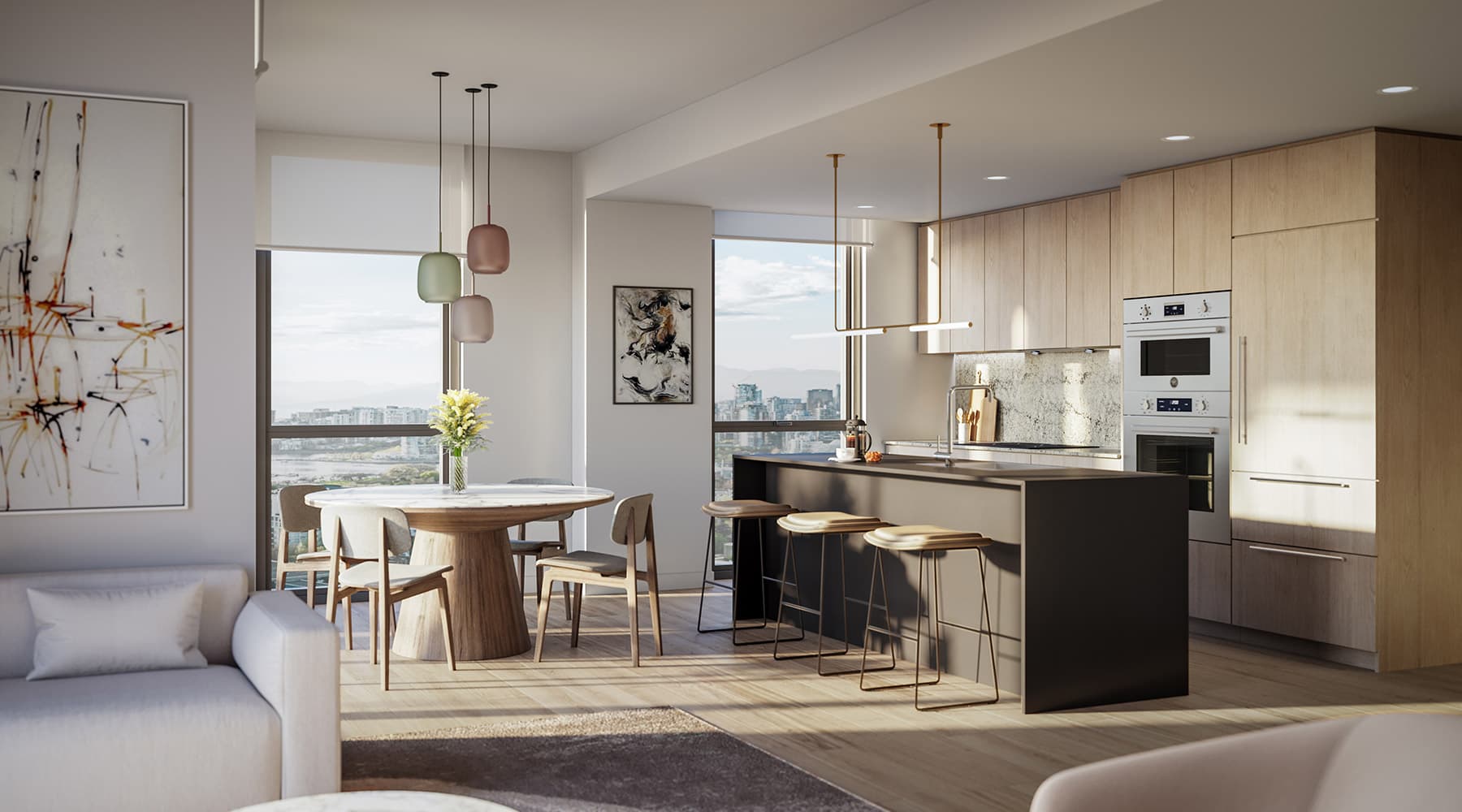 FORM – A modern open-concept kitchen and dining space bathed in natural light from large windows that overlook a distant city and water view. The room features flat-panel light wood cabinetry, a contrasting dark kitchen island with bar seating, and an adjacent circular wood dining table with pendant lighting.