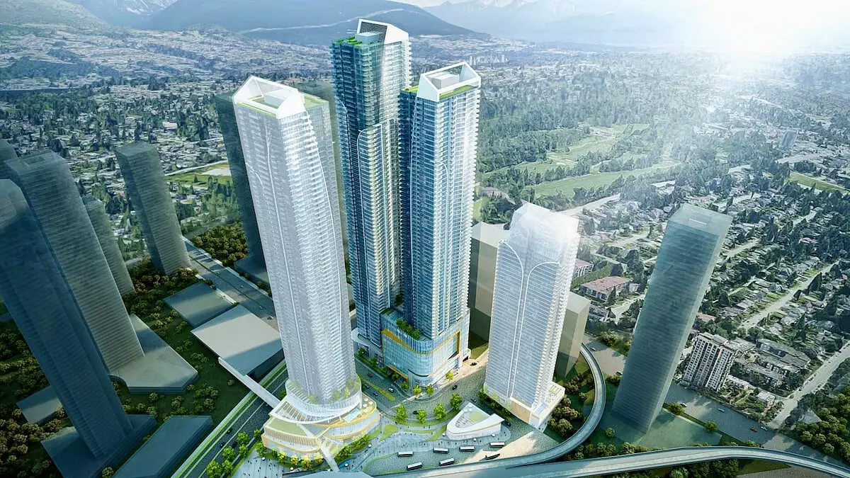Pinnacle Lougheed – Aerial view of a cluster of new high-rise towers surrounded by suburban neighborhoods and forest, with mountains in the background.