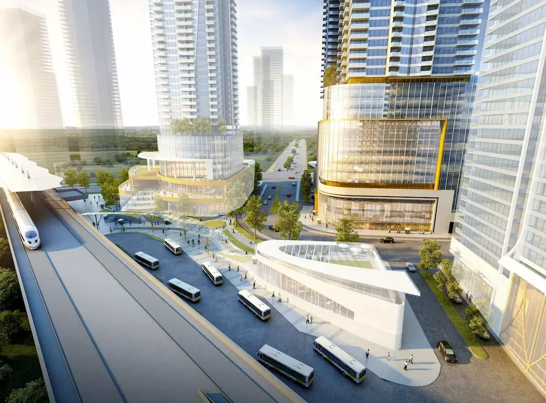 Pinnacle Lougheed – Elevated view of the towers and a transit hub with buses and a light-rail train alongside the retail podium at the base of the buildings.