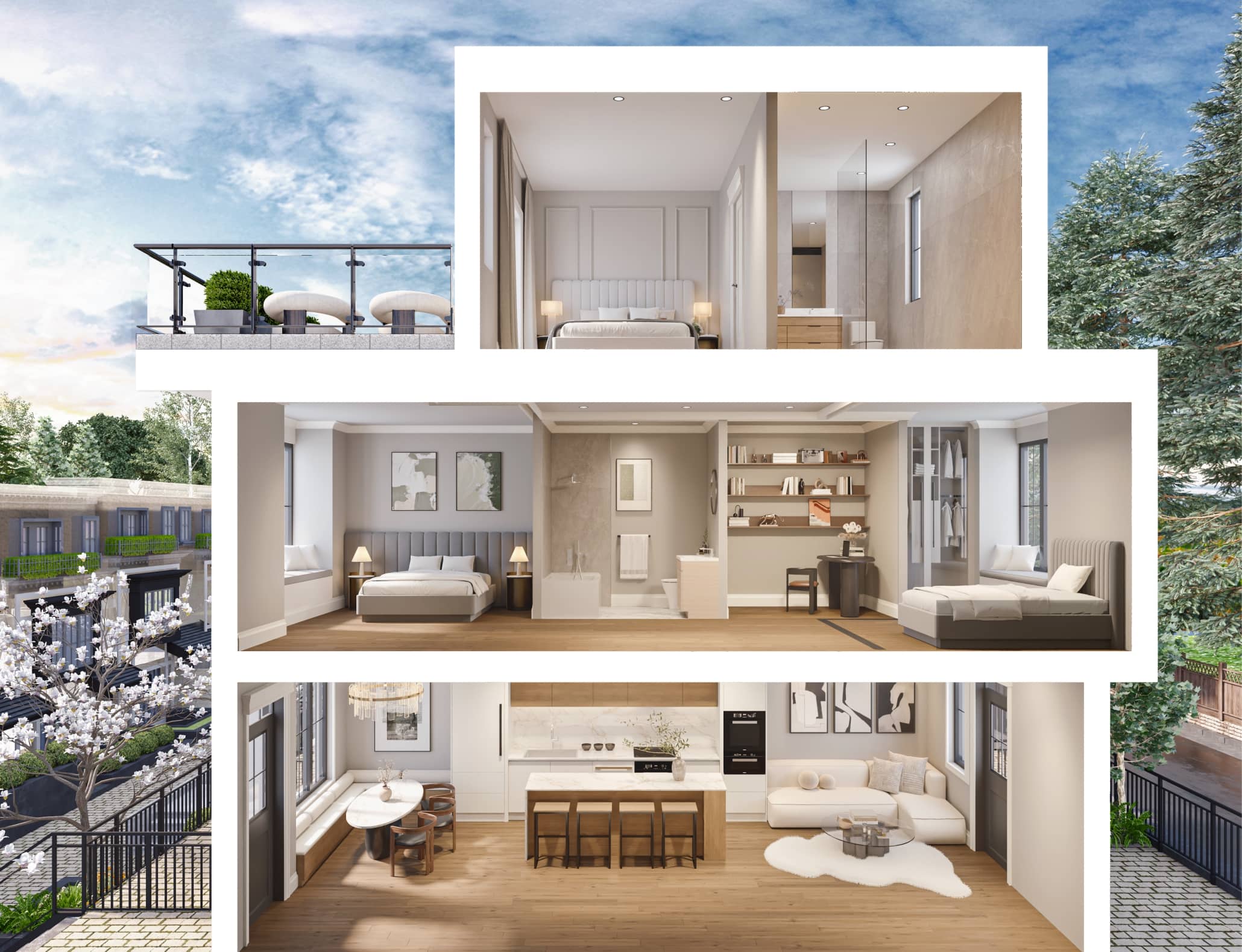 Claremont – A three-story architectural cross-section render of a modern townhouse showcases its interior layout, including a ground-floor open-concept kitchen and living area, second-floor bedrooms and bathroom, and a top-floor primary suite with an adjacent rooftop terrace. The scene highlights bright neutral finishes, wood flooring, contemporary furnishings, and views of surrounding tree-lined exteriors.