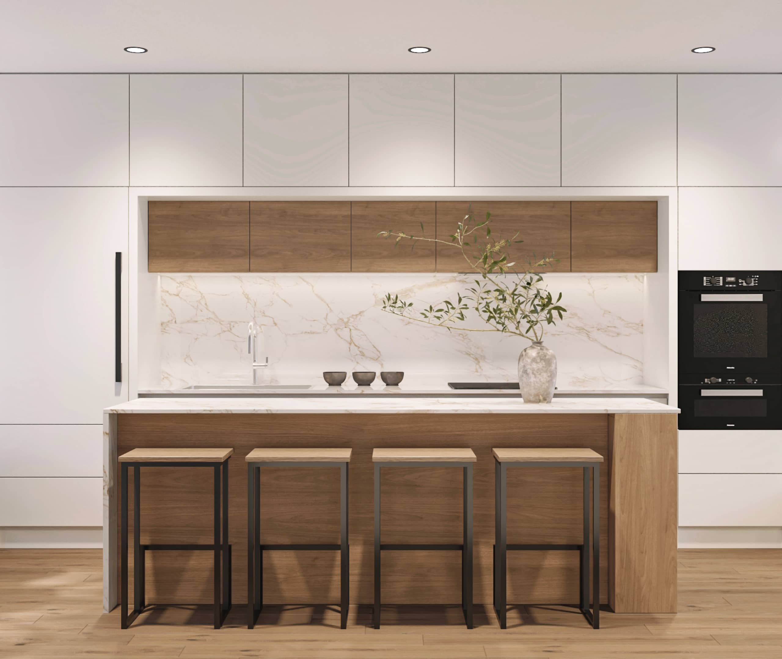 Claremont – A modern, minimalist kitchen features a wood-paneled island with four matching barstools in the foreground against warm hardwood flooring. The background includes floor-to-ceiling white cabinetry, integrated black ovens, medium-toned wood upper cabinets, and a backlit white marble backsplash with gold veining.
