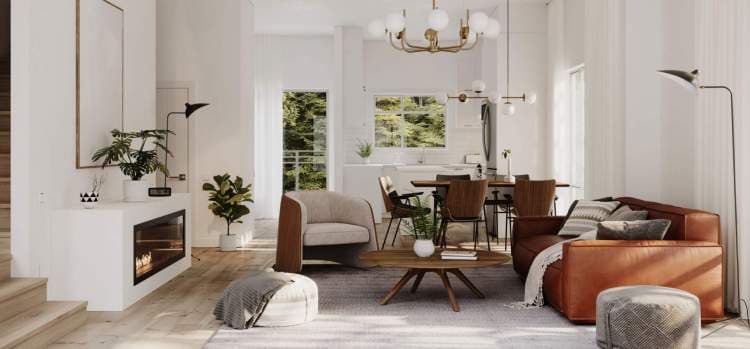 Westwood at Tynehead – Staged living and dining room with a leather sectional, wood coffee table, fireplace, and view of trees through windows.