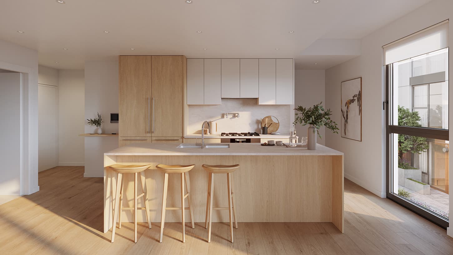 Satori – Open-concept kitchen with light wood cabinetry, waffle-slab island with wood stools, and a sliding glass door to a courtyard.
