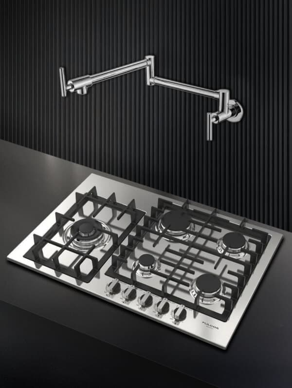 Satori – Product photo of a Fulgor stainless steel gas cooktop with a pot-filler faucet mounted above.