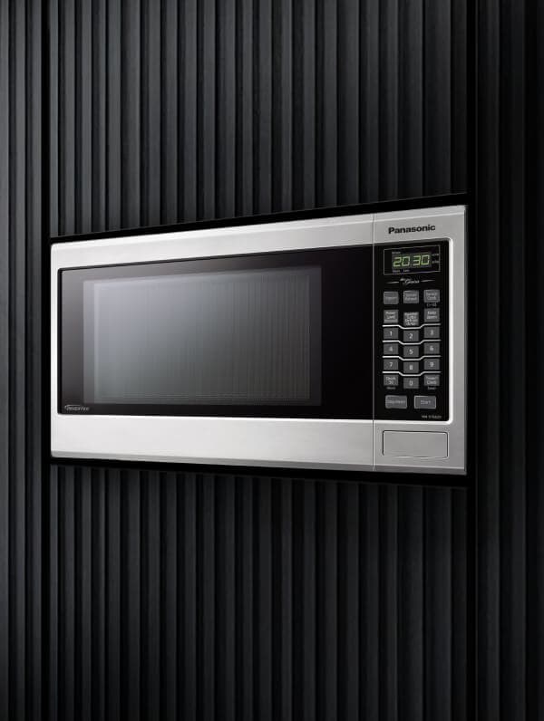 Satori – Product photo of a stainless steel Panasonic built-in microwave with digital display.