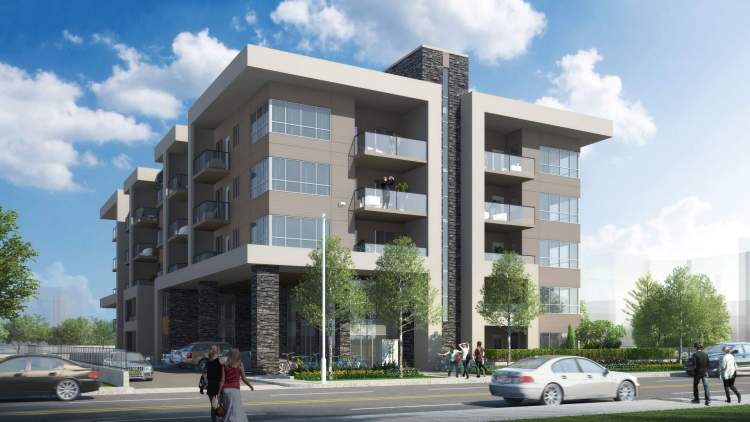 The Ridge – Street-level rendering of a beige and stone mid-rise condo building with glass balconies, pedestrians and cars on the street in front.
