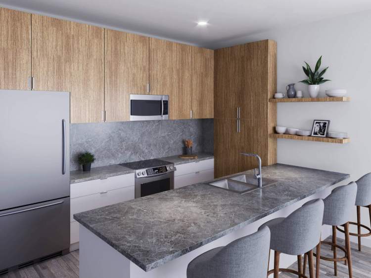 The Ridge – Kitchen rendering with wood cabinetry, grey stone countertops and backsplash, stainless steel fridge and range, an island with grey barstools, and open wood shelving.